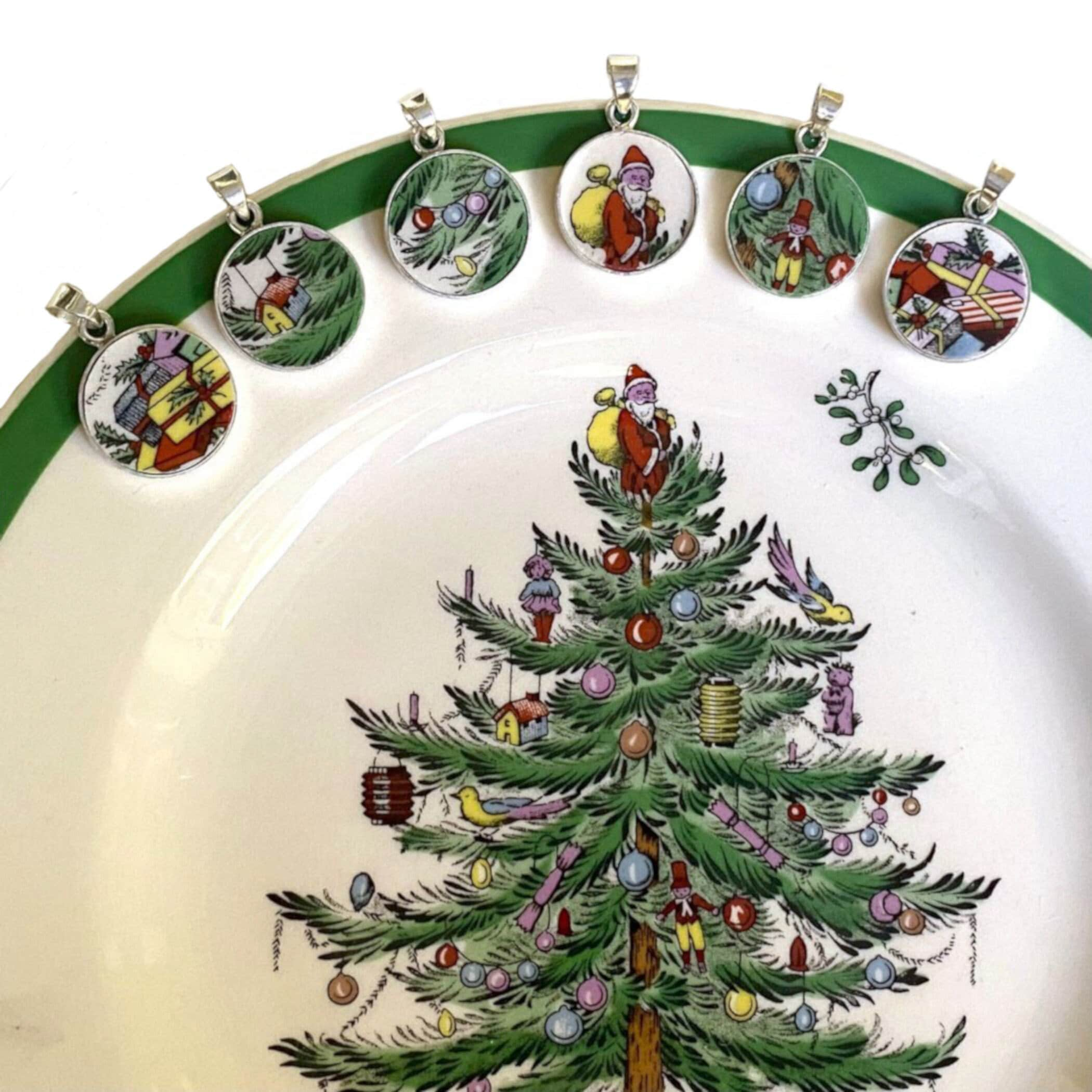 Spode Christmas Tree Broken China Pendants Handmade with Holiday China & Sterling Silver, Unique China Jewelry Gift for This Christmas 2022