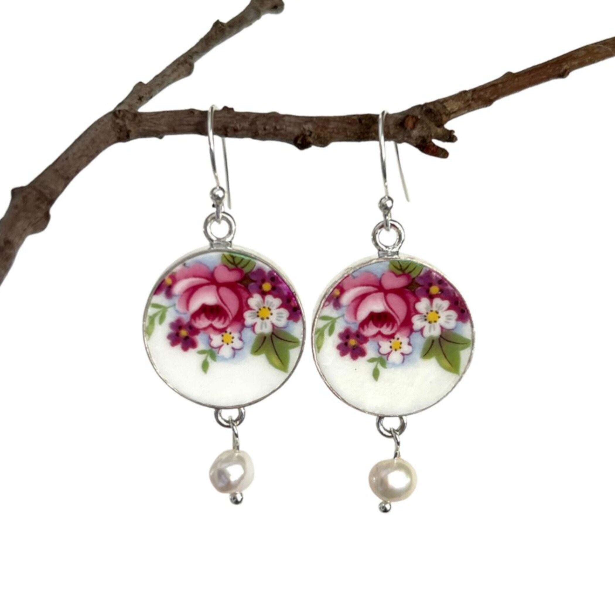 Elegant Rose Floral China Earrings handmade with Upcycled Porcelain & Fine Pearl Dangles, Vintage Broken China Jewelry Gift for Her Birthday