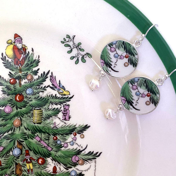 Broken China Earrings Handmade with Spode Christmas Tree China & Sterling Silver, Nostalgic Christmas China Jewelry Gift for Women