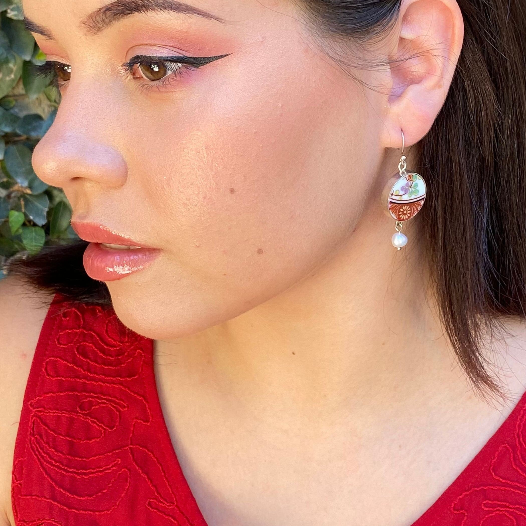 Red Flower Dangly Porcelain Earrings handmade with Mismatched Upcycled Porcelain, Unique Japanese Imari China Jewelry Gift for Her Birthday