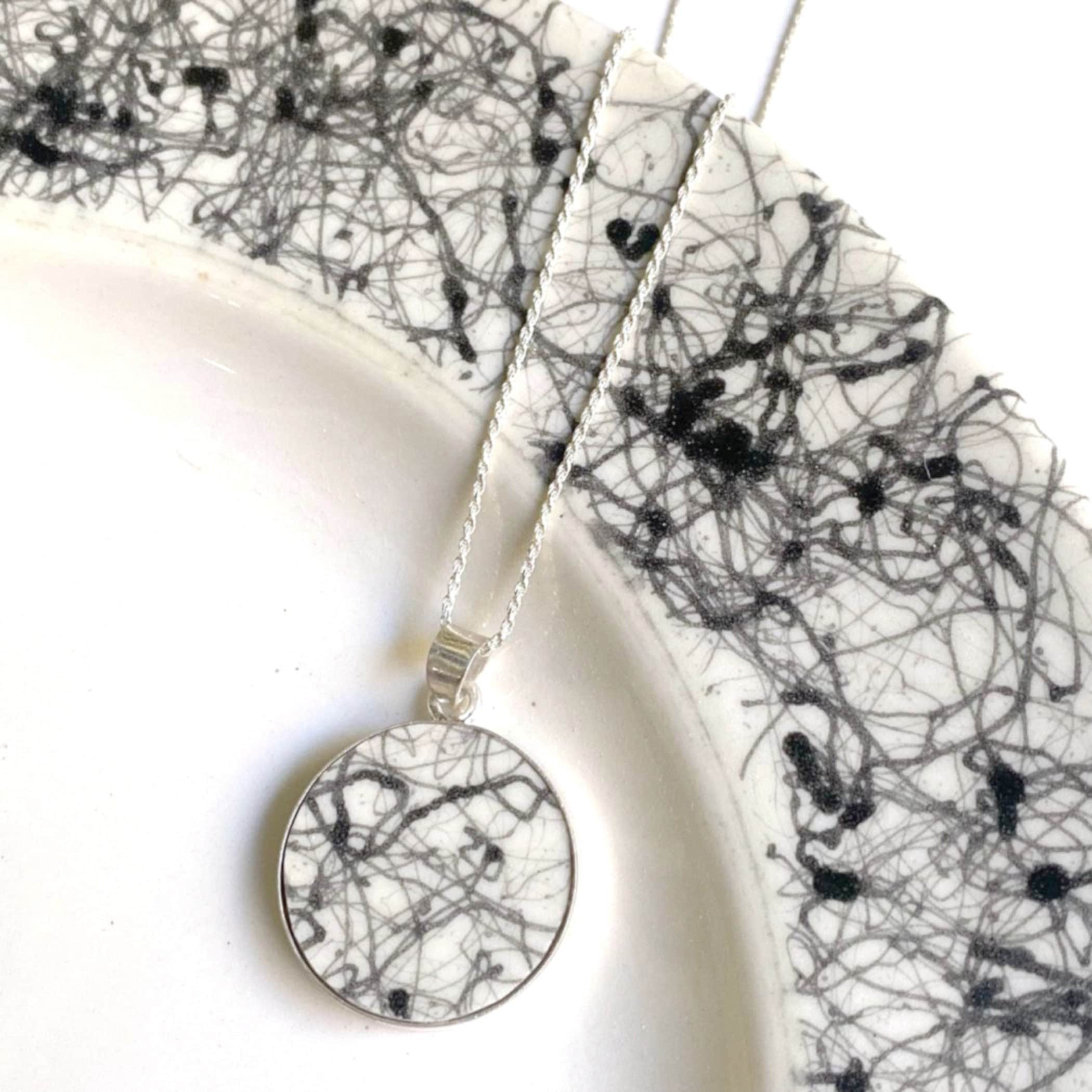 Upcycled Modern Statement Porcelain Necklace, Fine Monochrome Abstract Black and White China Pendant