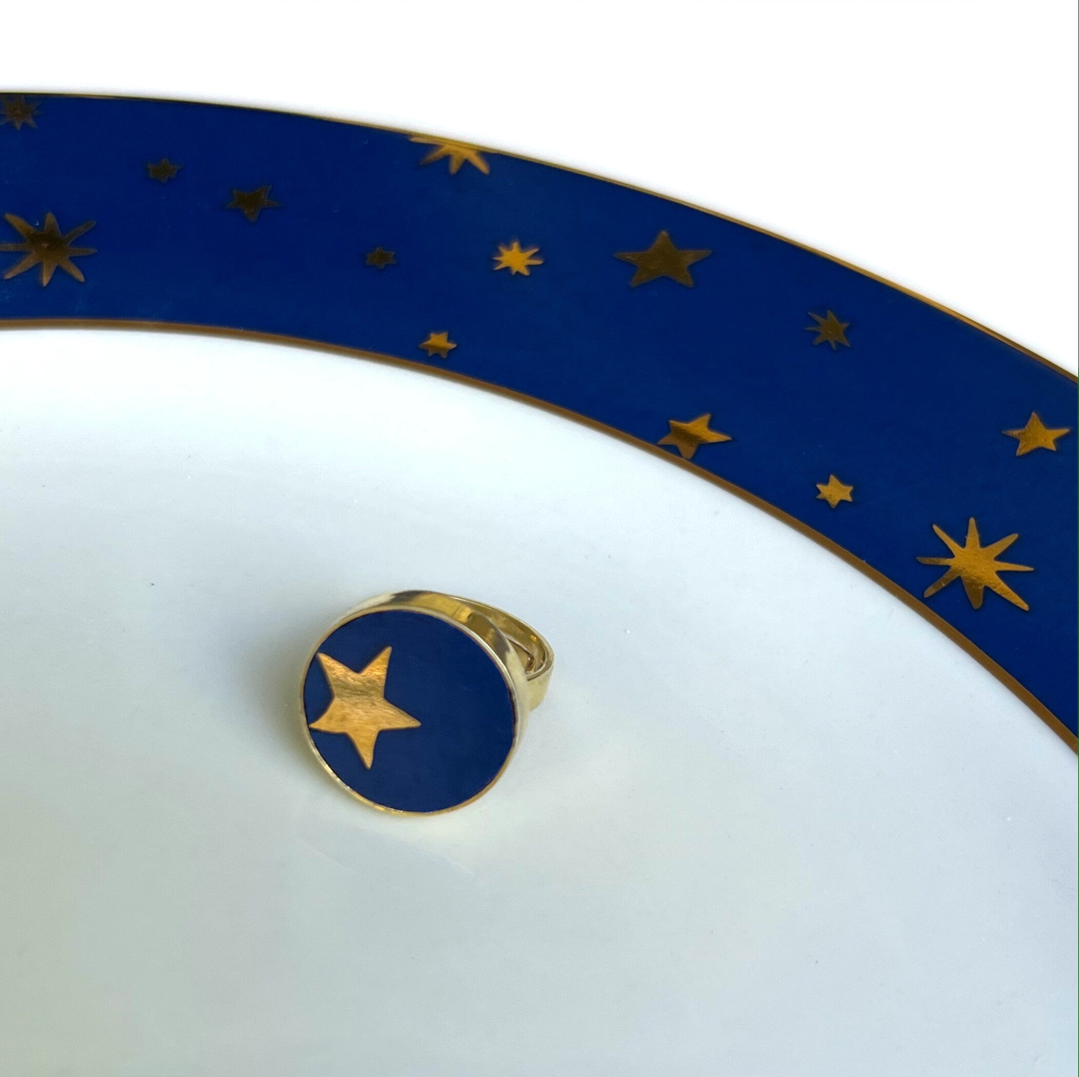 Dark Blue and Gold North Star Ring & Gold Star China Ring handmade with Upcycled Porcelain, Broken China Jewelry Statement Ring Gift for Her