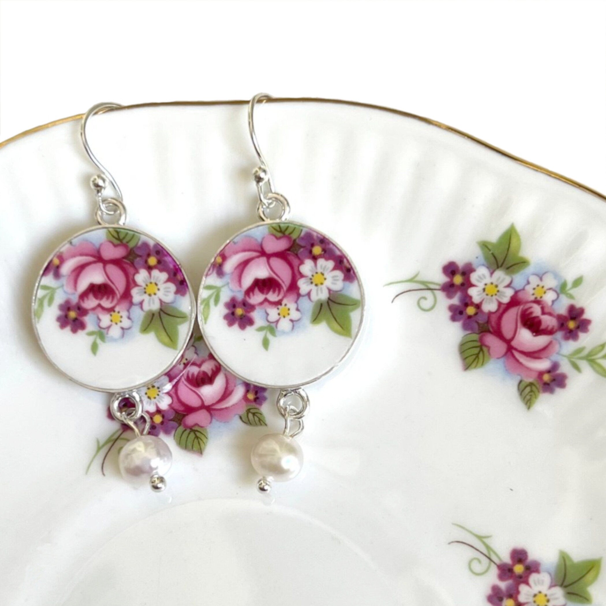 Elegant Rose Floral China Earrings handmade with Upcycled Porcelain & Fine Pearl Dangles, Vintage Broken China Jewelry Gift for Her Birthday