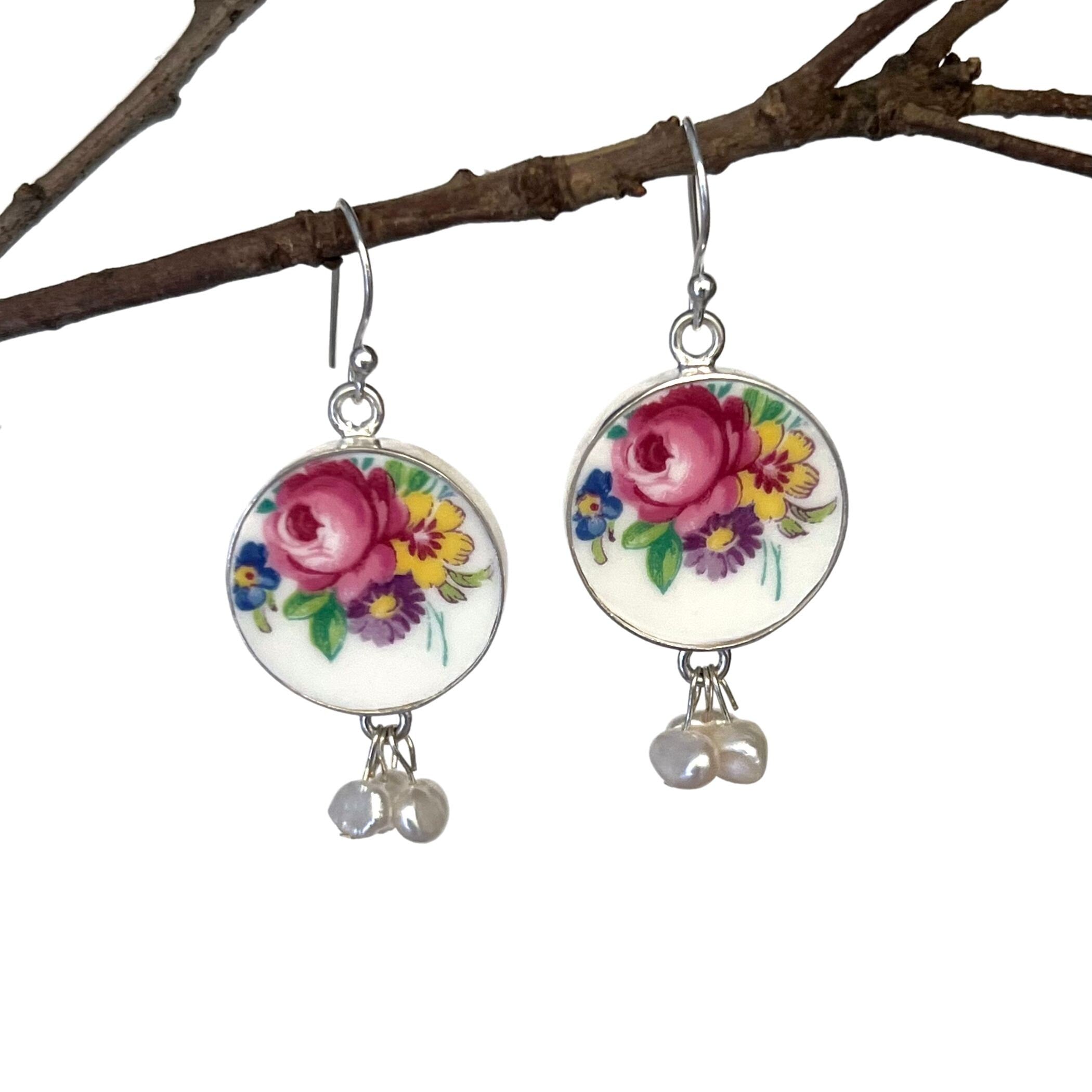 Elegant Rose Floral China Earrings upcycled from English Rose Teacups & Fine Pearl Clusters, Broken China Jewelry Birthday Gift for Women