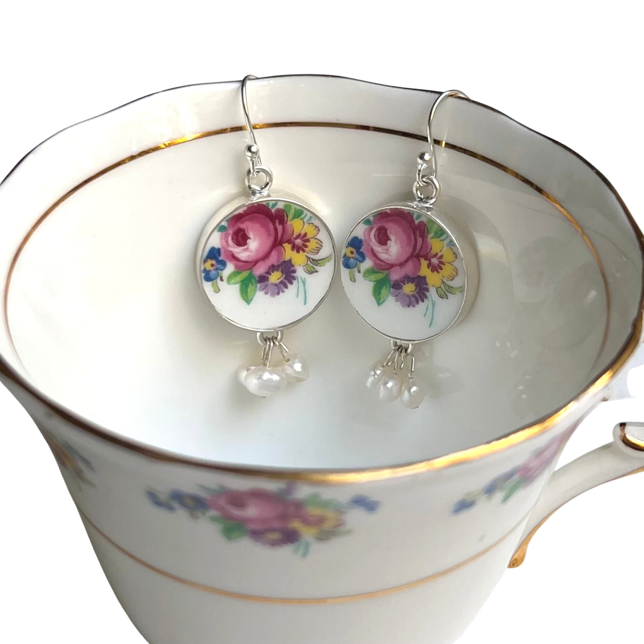 Elegant Rose Floral China Earrings upcycled from English Rose Teacups & Fine Pearl Clusters, Broken China Jewelry Birthday Gift for Women