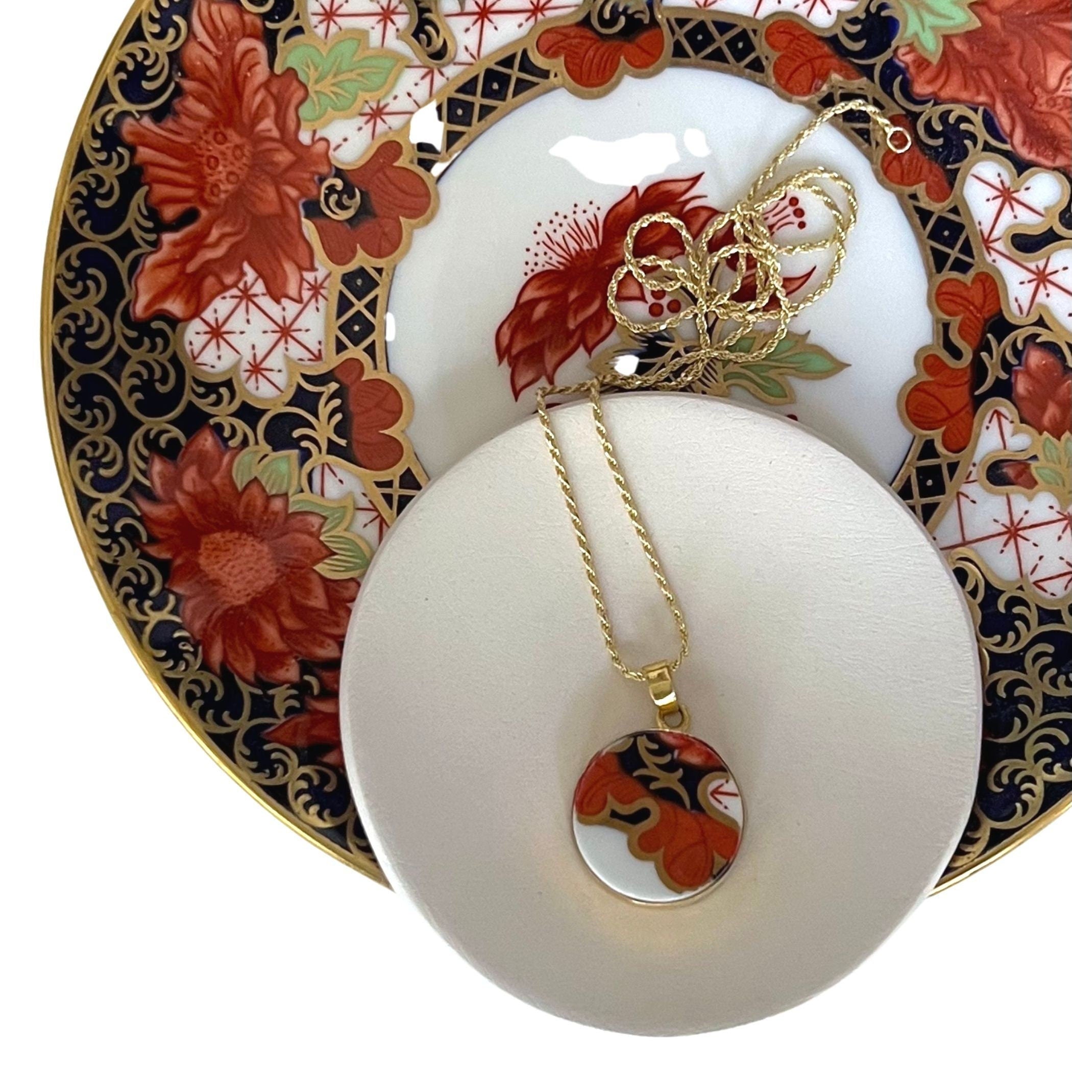 Fine Upcycled Gold Imari Porcelain Pendant Necklace handmade with Repurposed China, Royal Crown Derby China Jewelry Gift For Her Birthday