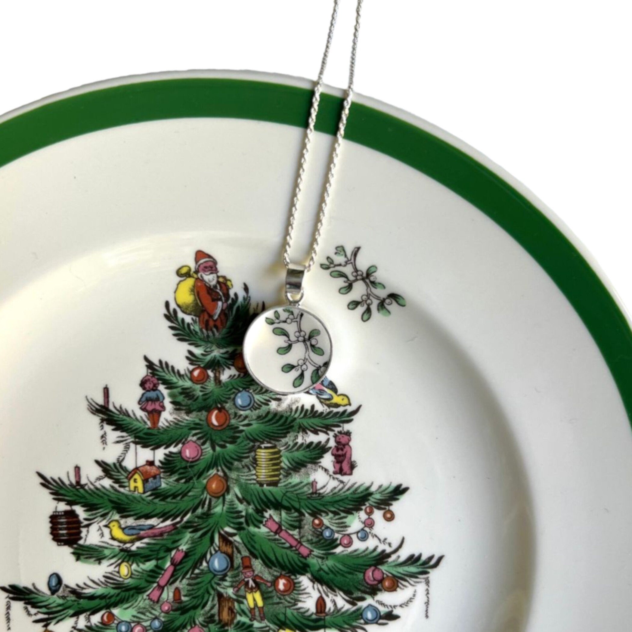 Spode Christmas Tree China Mistletoe Jewelry handmade with Sterling Silver, Vintage Broken China Necklace Gift for Her Christmas Nostalgia