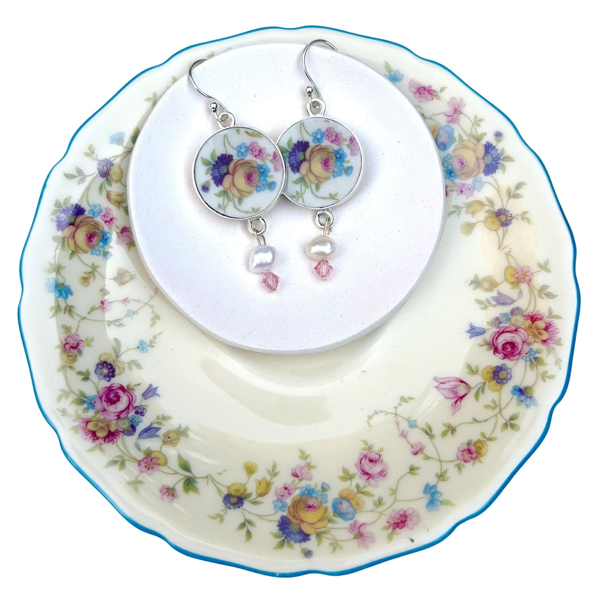 Dainty Floral China Earrings handmade with Upcycled Mitterteich Bavaria China & Fine Pearl Dangle, Vintage Broken China Jewelry Gift for Her