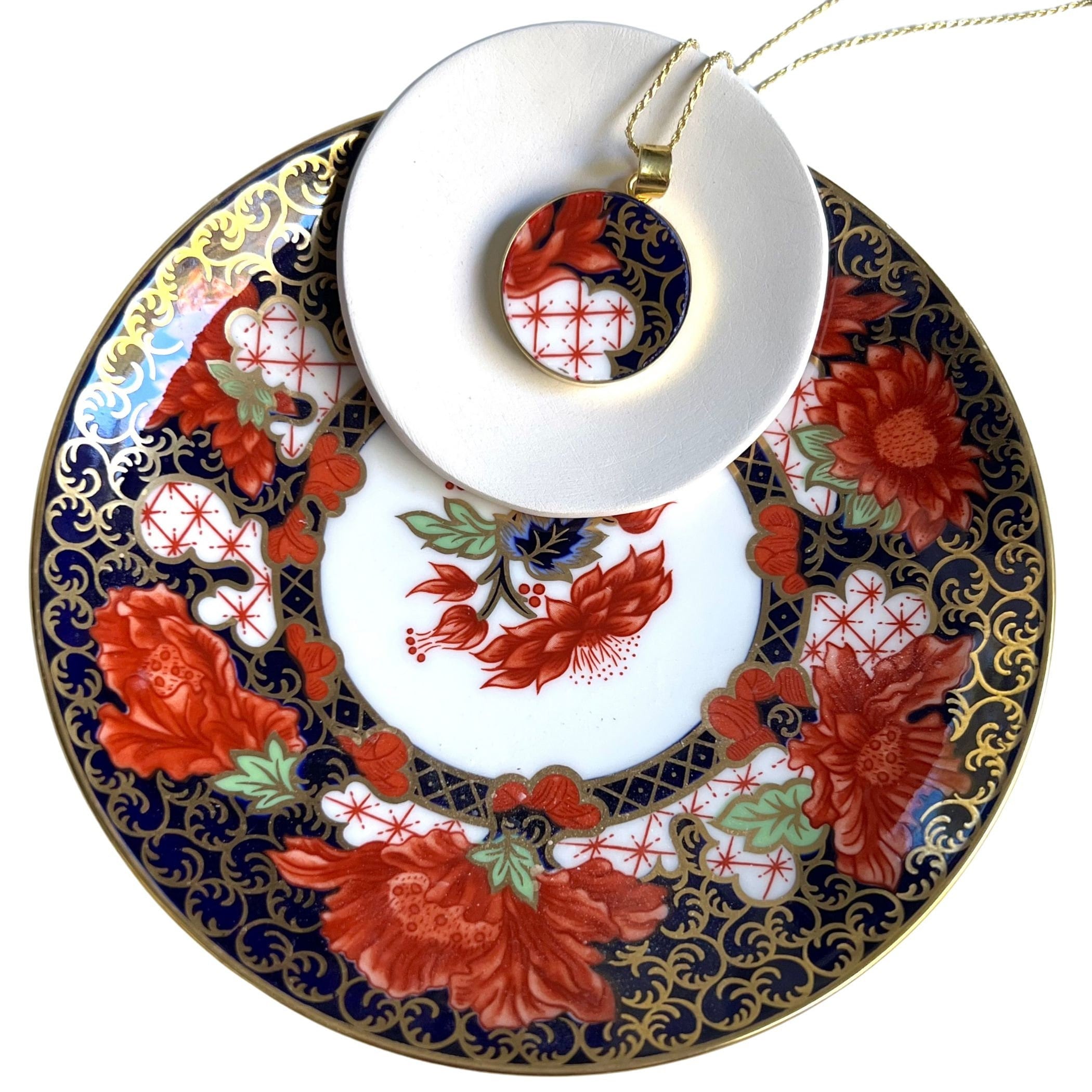 Bold Artisan Porcelain Necklace handmade with Royal Crown Derby Imari China, Upcycled Statement Jewelry Gift for Her 18th Anniversary Gift