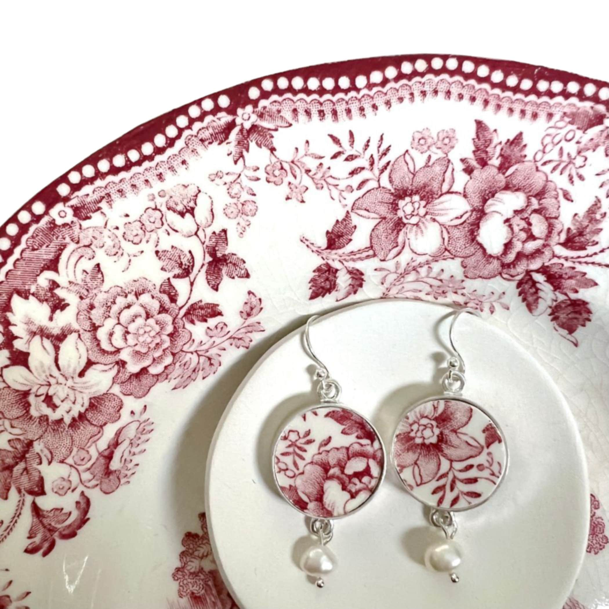 Vintage Red Chinoiserie China Earrings with Upcycled Transferware China, Broken China Jewelry with Red Rose English Pottery & Pearl Dangles