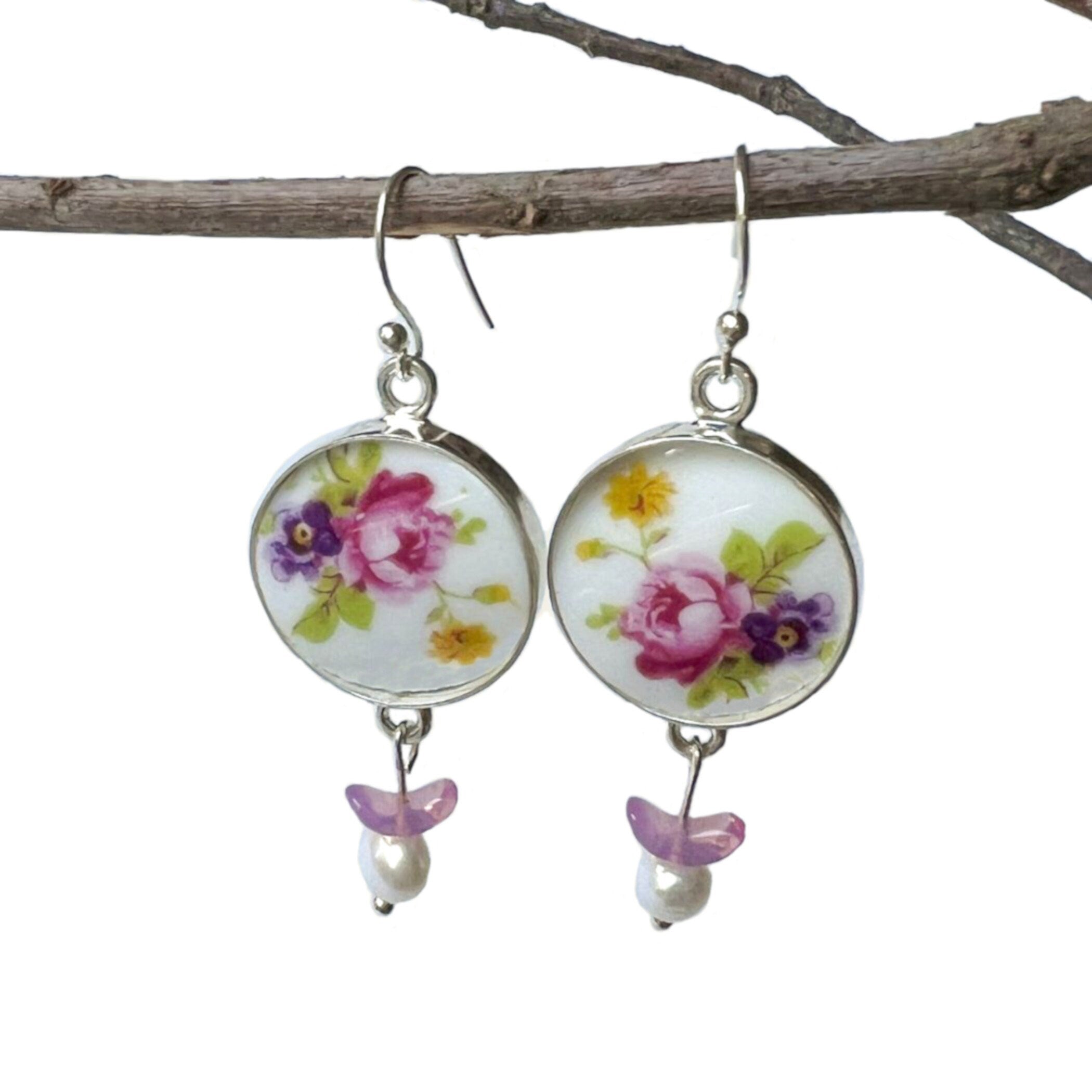 Dainty Rose China Earrings handmade with Repurposed English Cottage China, Rose Floral Broken China Jewelry Gift for Her This Christmas