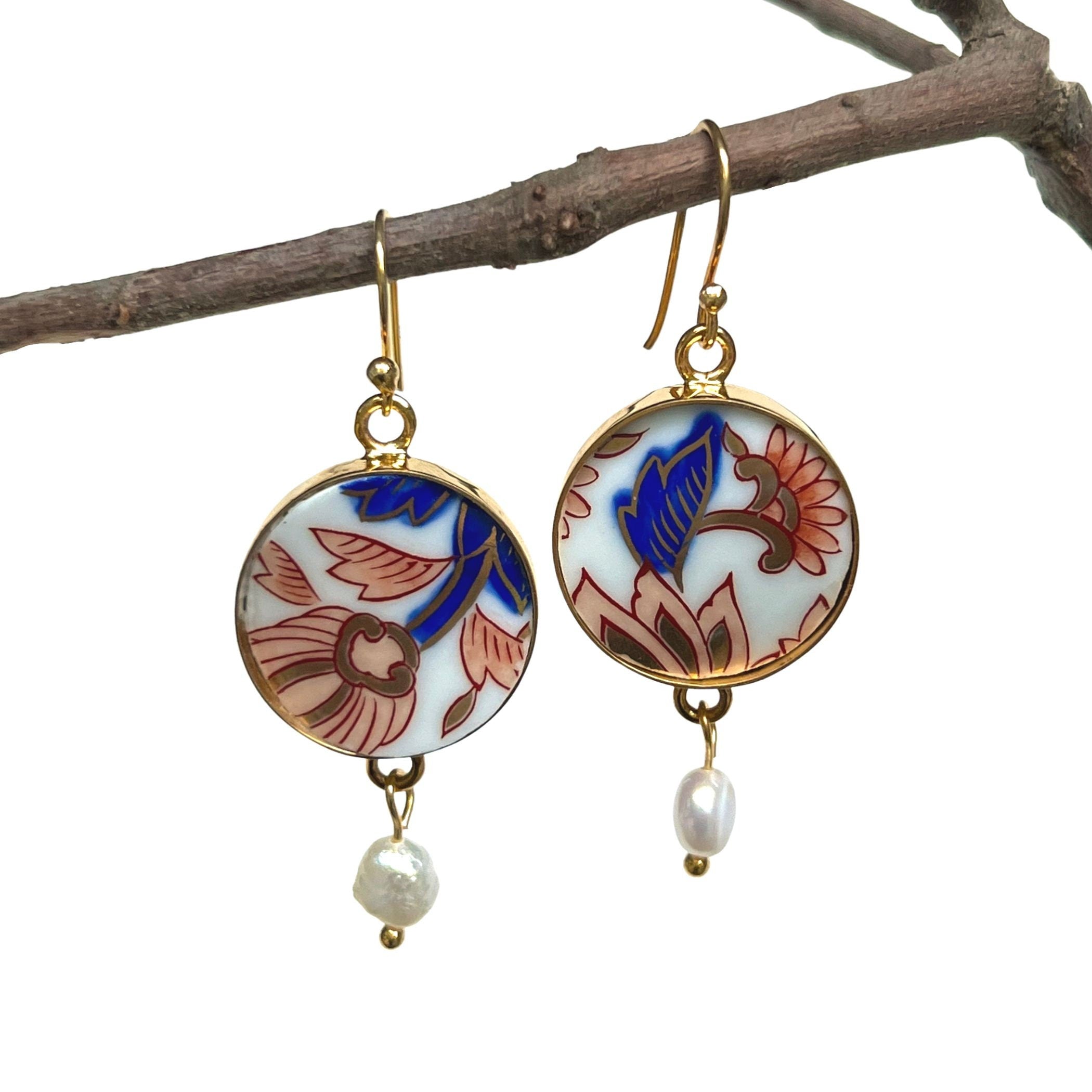 Japanese Arita Imari Porcelain Mismatched Earrings, Boho Asymmetrical China Dangle Earrings