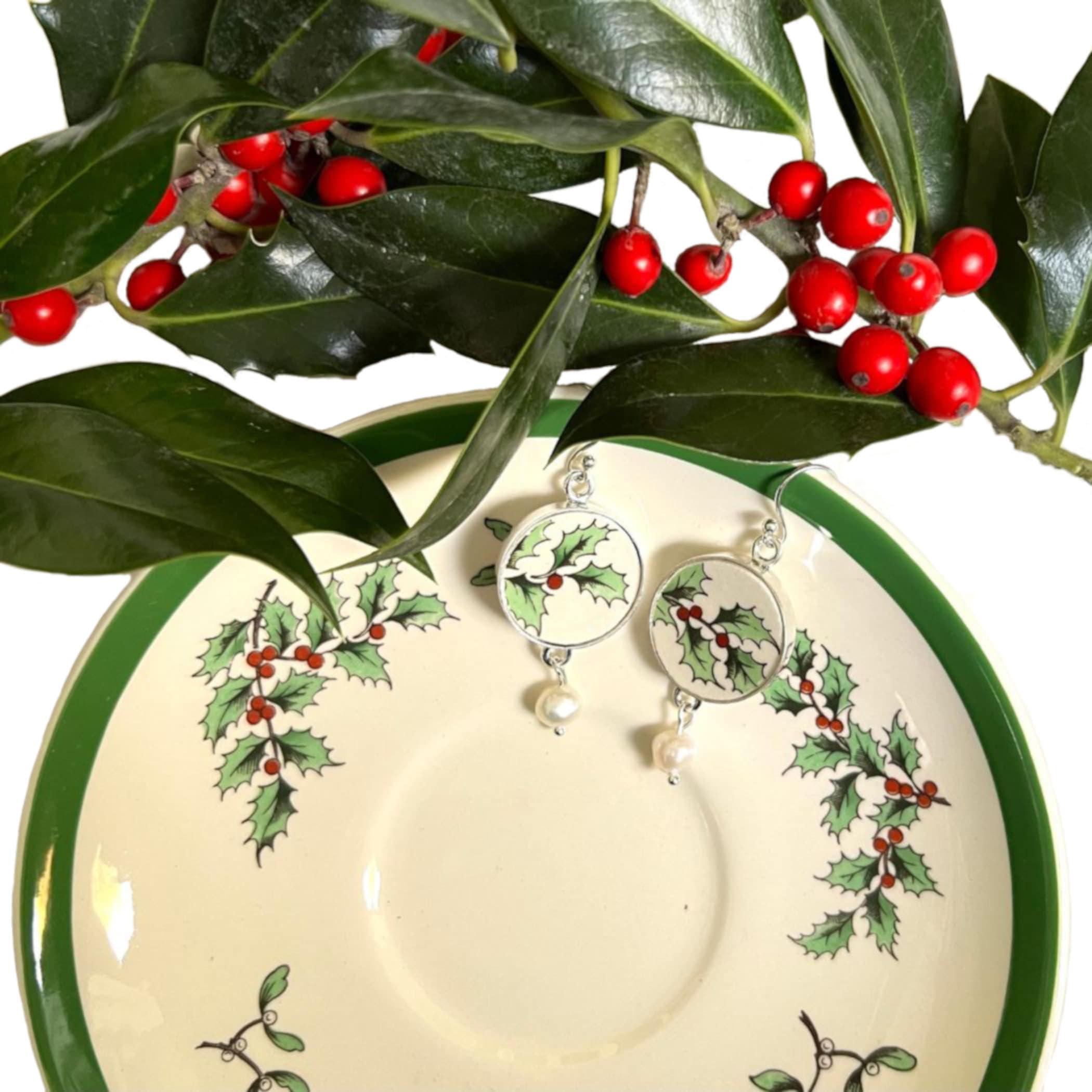 Broken China Earrings handmade with Spode Christmas Tree China & Fine Pearl Dangles, Christmas Broken China Jewelry with Holly Leaf China