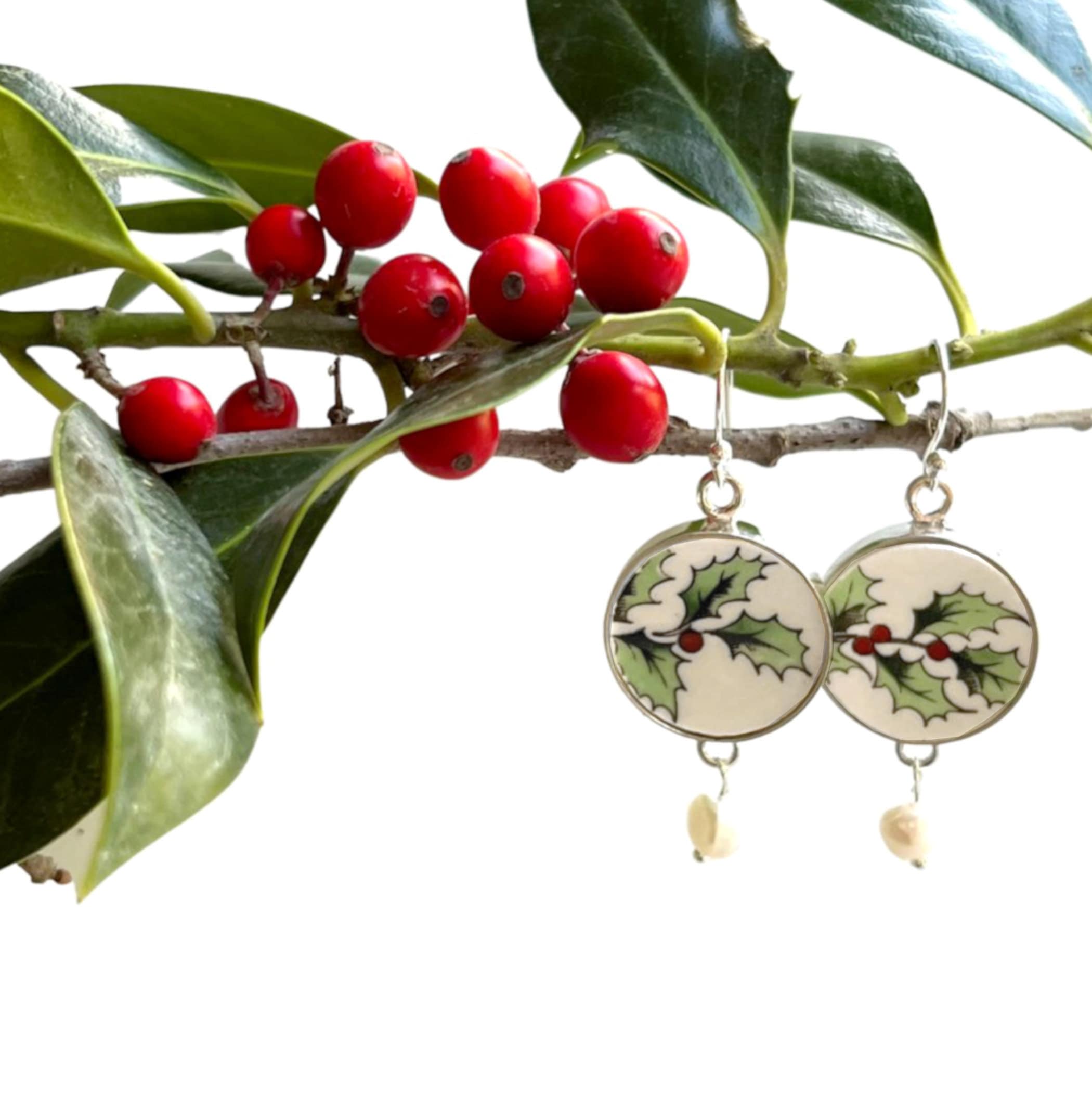 Broken China Earrings handmade with Spode Christmas Tree China & Fine Pearl Dangles, Christmas Broken China Jewelry with Holly Leaf China