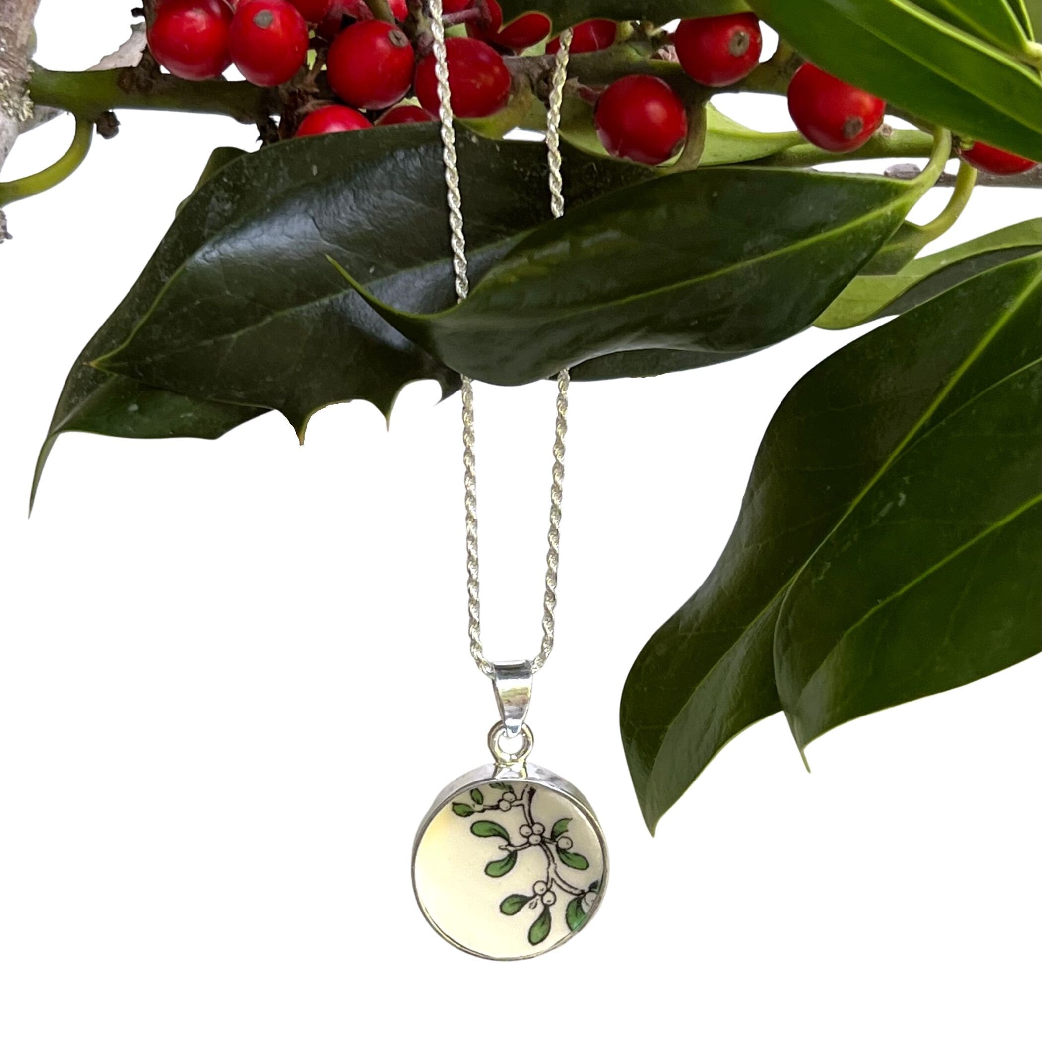 Spode Christmas Tree China Mistletoe Jewelry handmade with Sterling Silver, Vintage Broken China Necklace Gift for Her Christmas Nostalgia