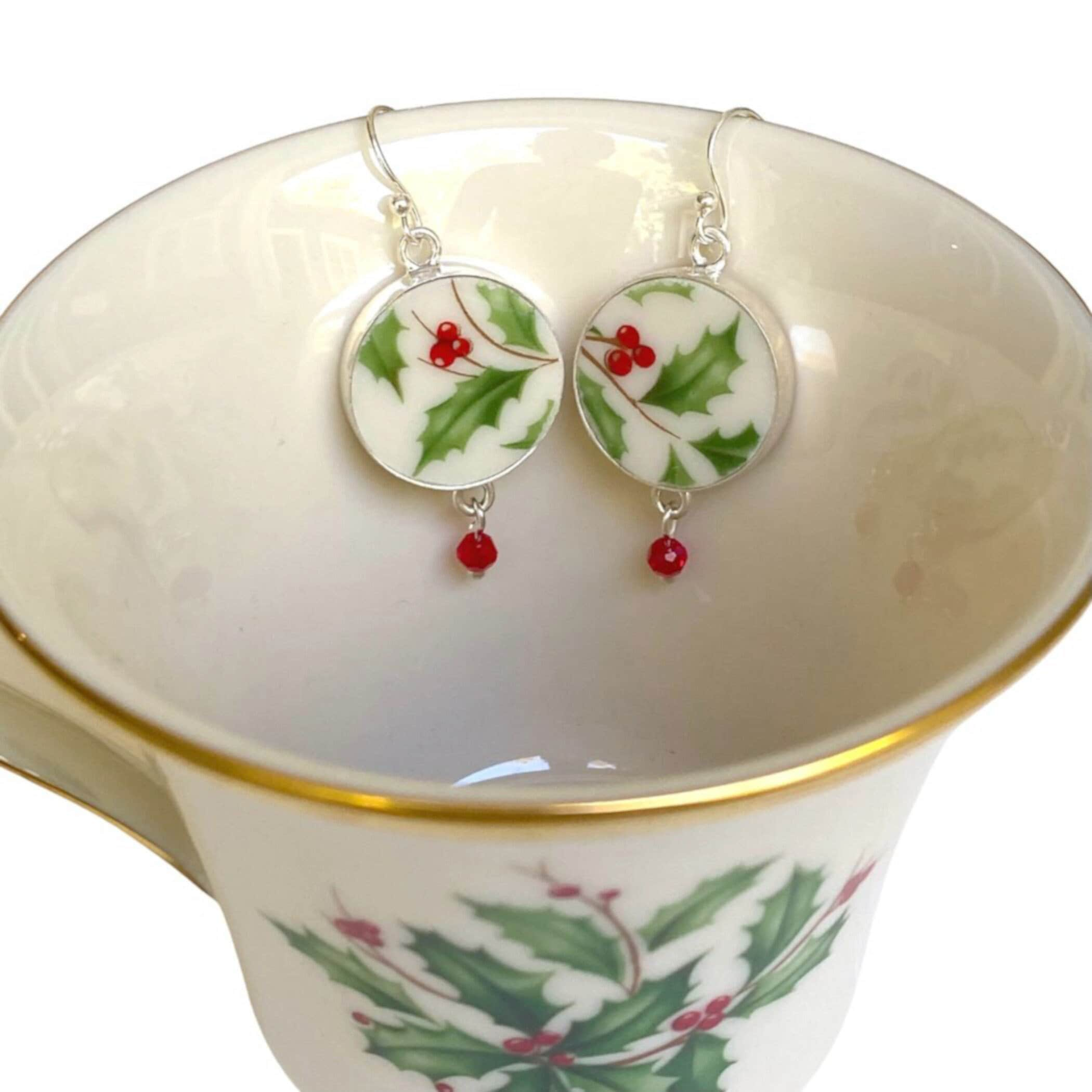 Vintage Holly Leaf Broken China Earrings Handmade with Mismatched Lenox Holiday China, Unique Broken China Jewelry Gift for Her Christmas