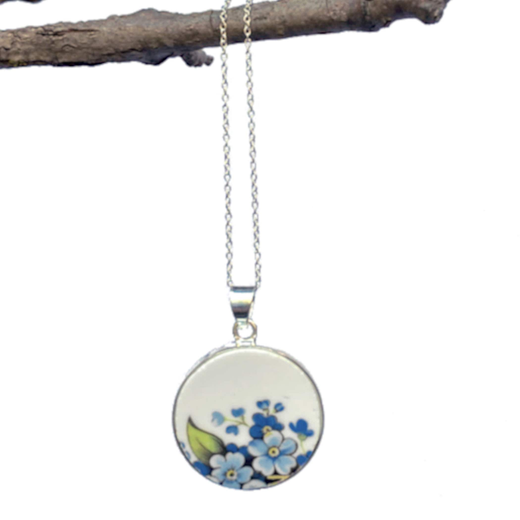 Forget Me Not Flower China Necklace handmade with Dainty Vintage China, Blue Flower Necklace for Thoughtful Sympathy Jewelry Gift for Women