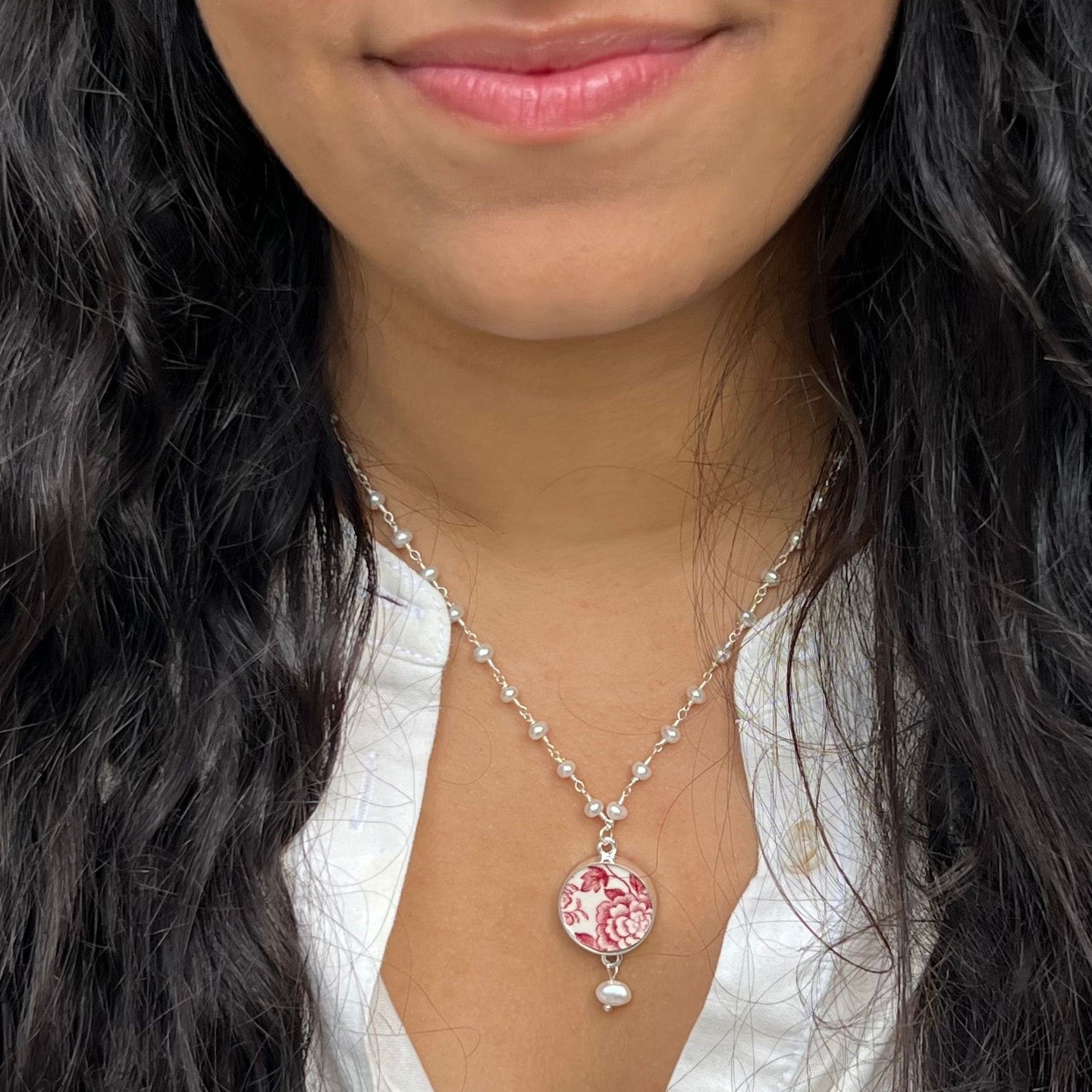 Red Chinoiserie China Necklace handmade with Upcycled Rose China & Tiny Pearl Necklace, Vintage Red Transferware China Jewelry Gift For Wife