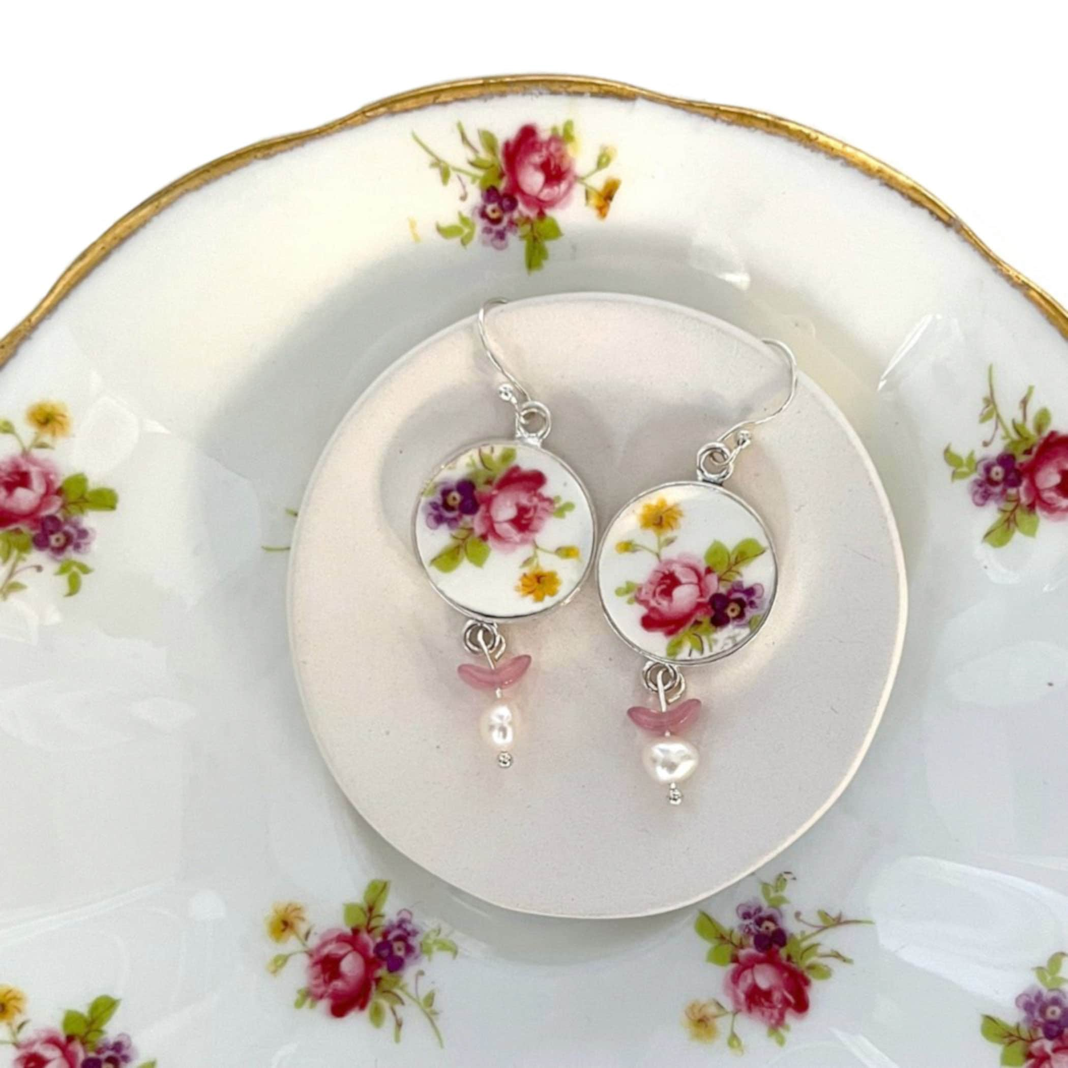 Dainty Rose China Earrings handmade with Repurposed English Cottage China, Rose Floral Broken China Jewelry Gift for Her This Christmas