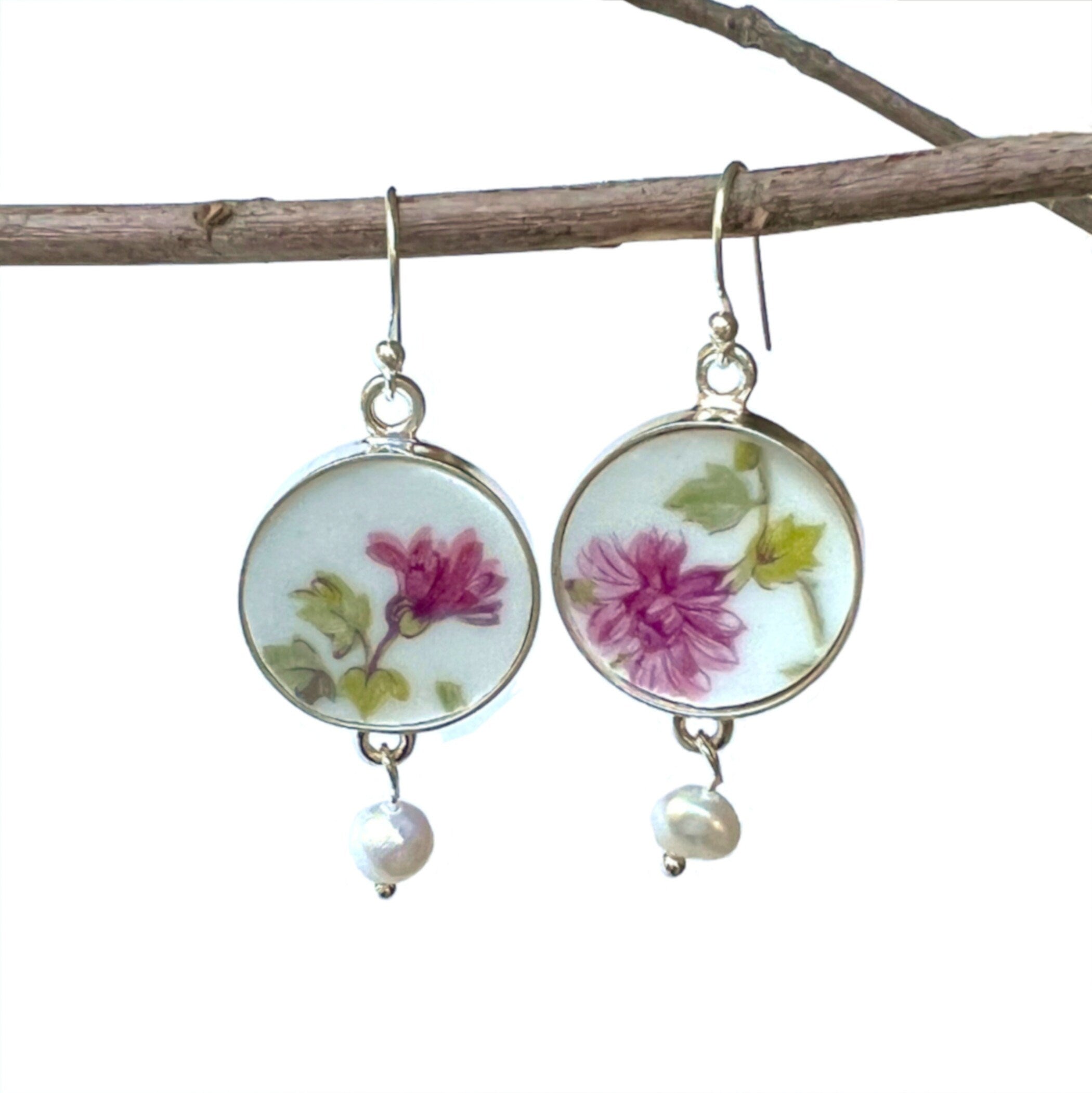 French Limoges China Earrings handmade with Mismatched Floral Upcycled Porcelain, Vintage French Provincial Broken China Jewelry Gifts