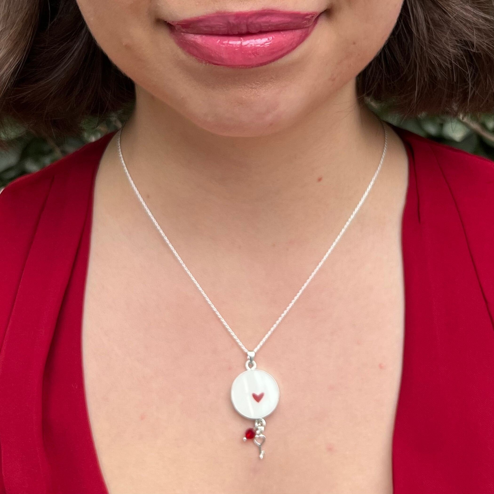 Valentines Broken China Jewelry Necklace handmade with Tiny Red Heart Repurposed China & Sterling Silver Key Charm and Red Swarovski Dangle