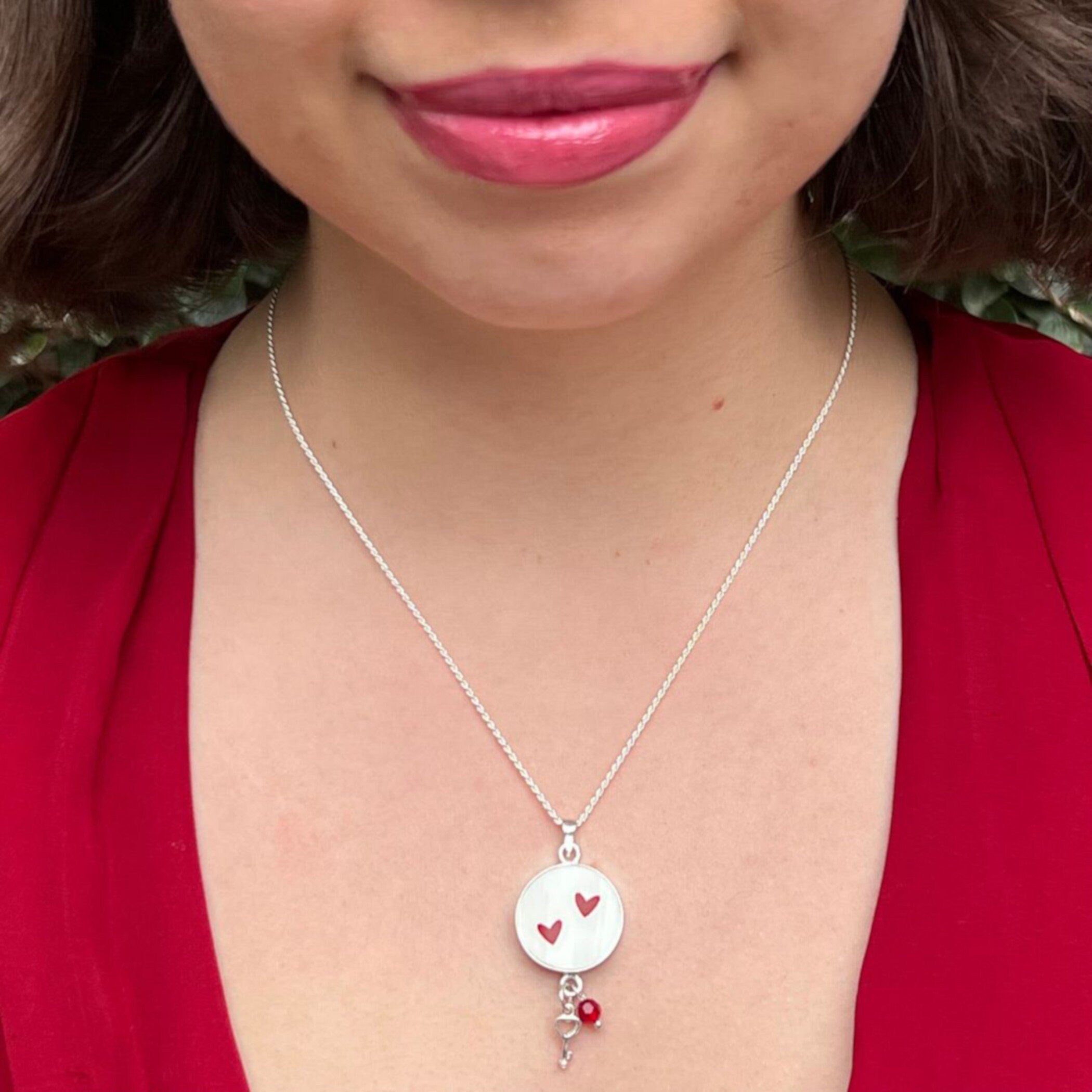 Valentines Broken China Jewelry Necklace handmade with Tiny Red Heart Repurposed China & Sterling Silver Key Charm and Red Swarovski Dangle