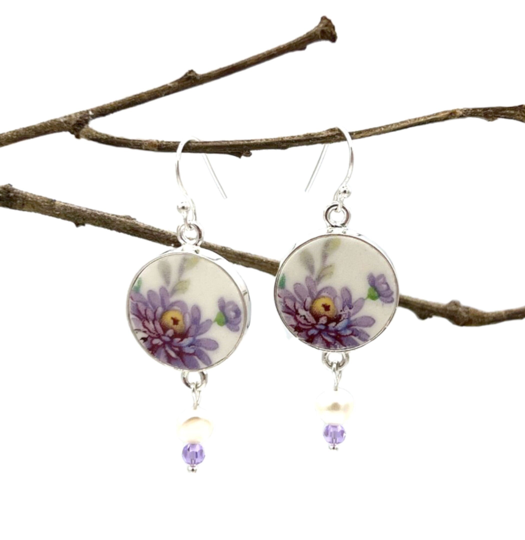 Dainty Purple Floral China Earrings handmade with Vintage French Porcelaine de Limoges, One of a Kind Broken China Jewelry Gift for Women