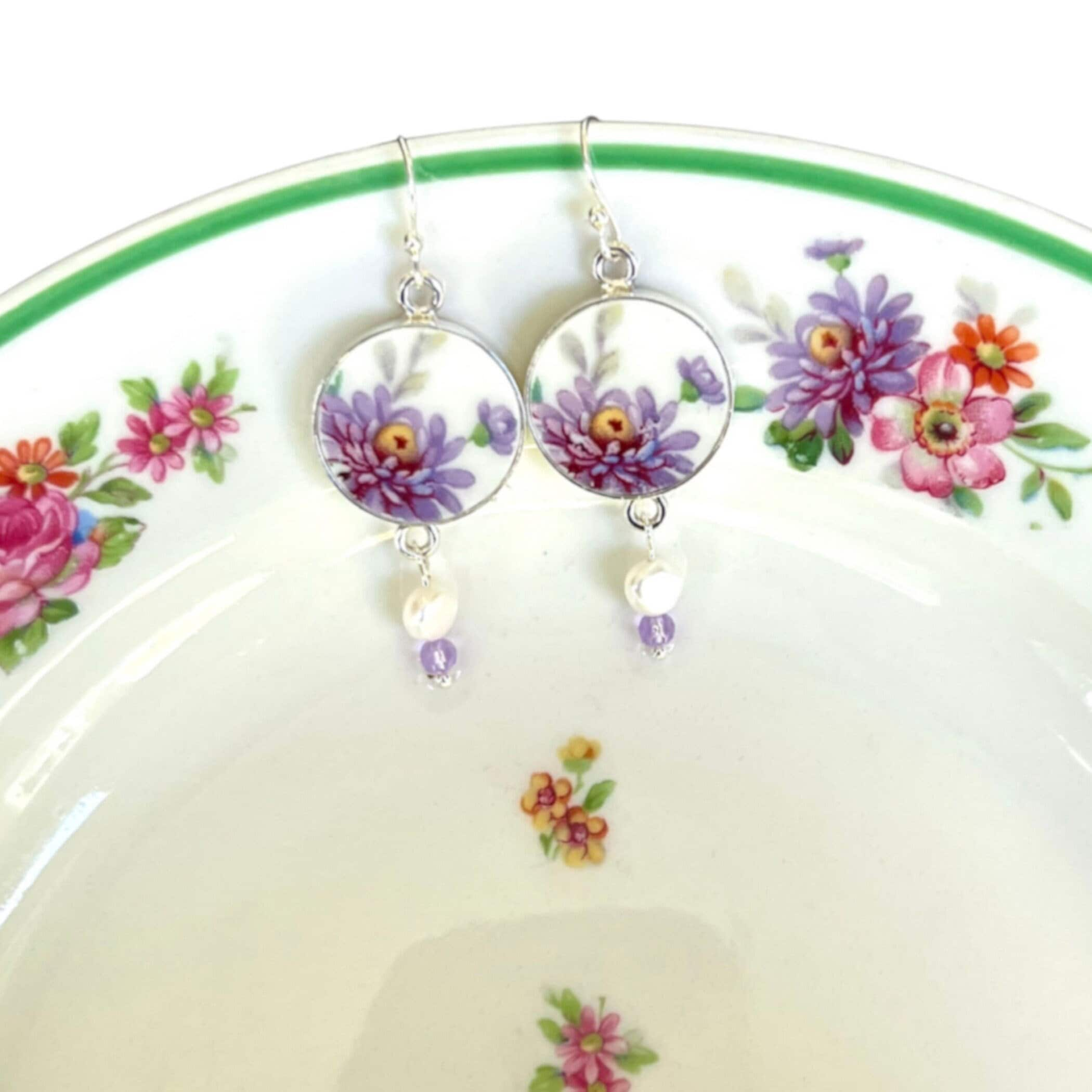 Dainty Purple Floral China Earrings handmade with Vintage French Porcelaine de Limoges, One of a Kind Broken China Jewelry Gift for Women