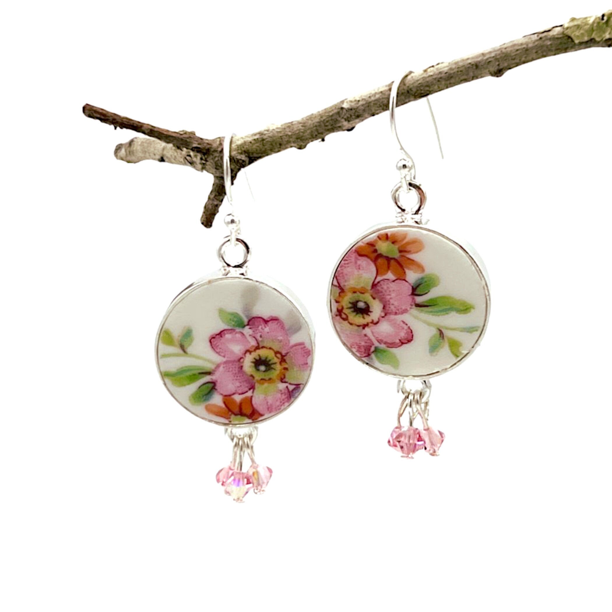 Upcycled French Limoges Porcelain Earrings with Mismatched Pink Botanical Flowers, One of a Kind Broken China Jewelry Gift for Her Birthday