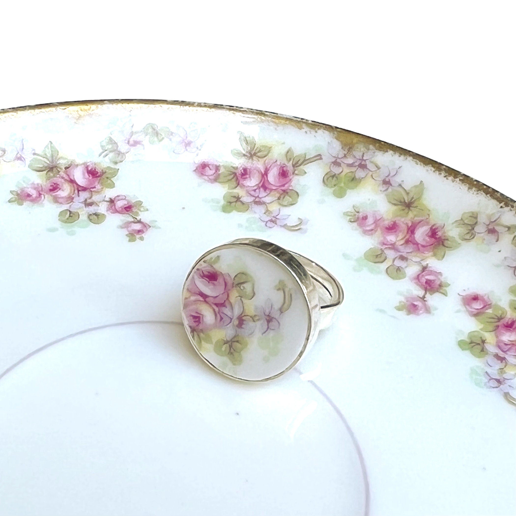 Vintage French Limoges Porcelain Pink Rose Floral Statement Ring handmade with Repurposed China, Broken China Jewelry Gift for Women