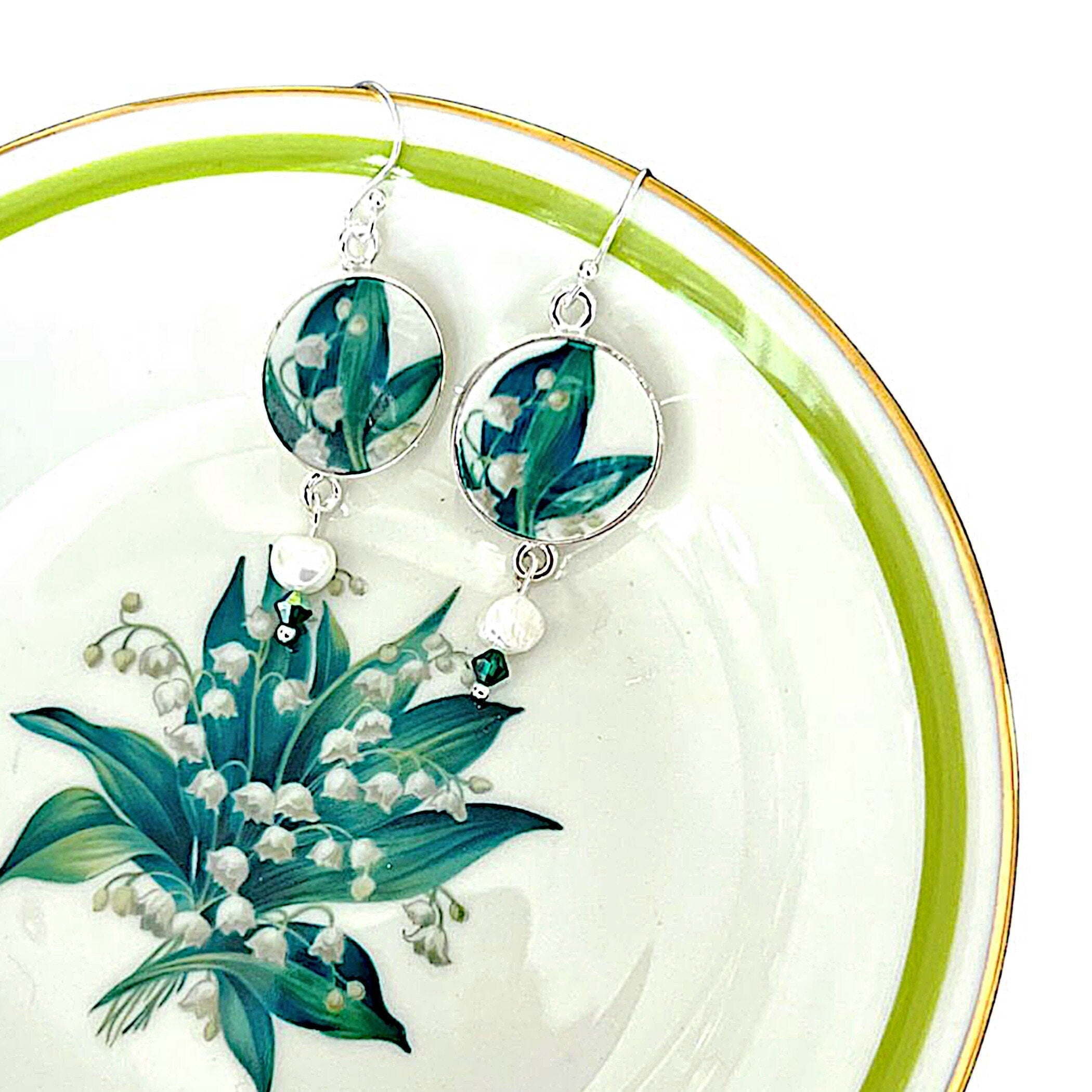 Vintage Lily of the Valley China Earrings handmade with Repurposed China & Emerald Swarovski, Broken China Jewelry for Her May Birthday Gift