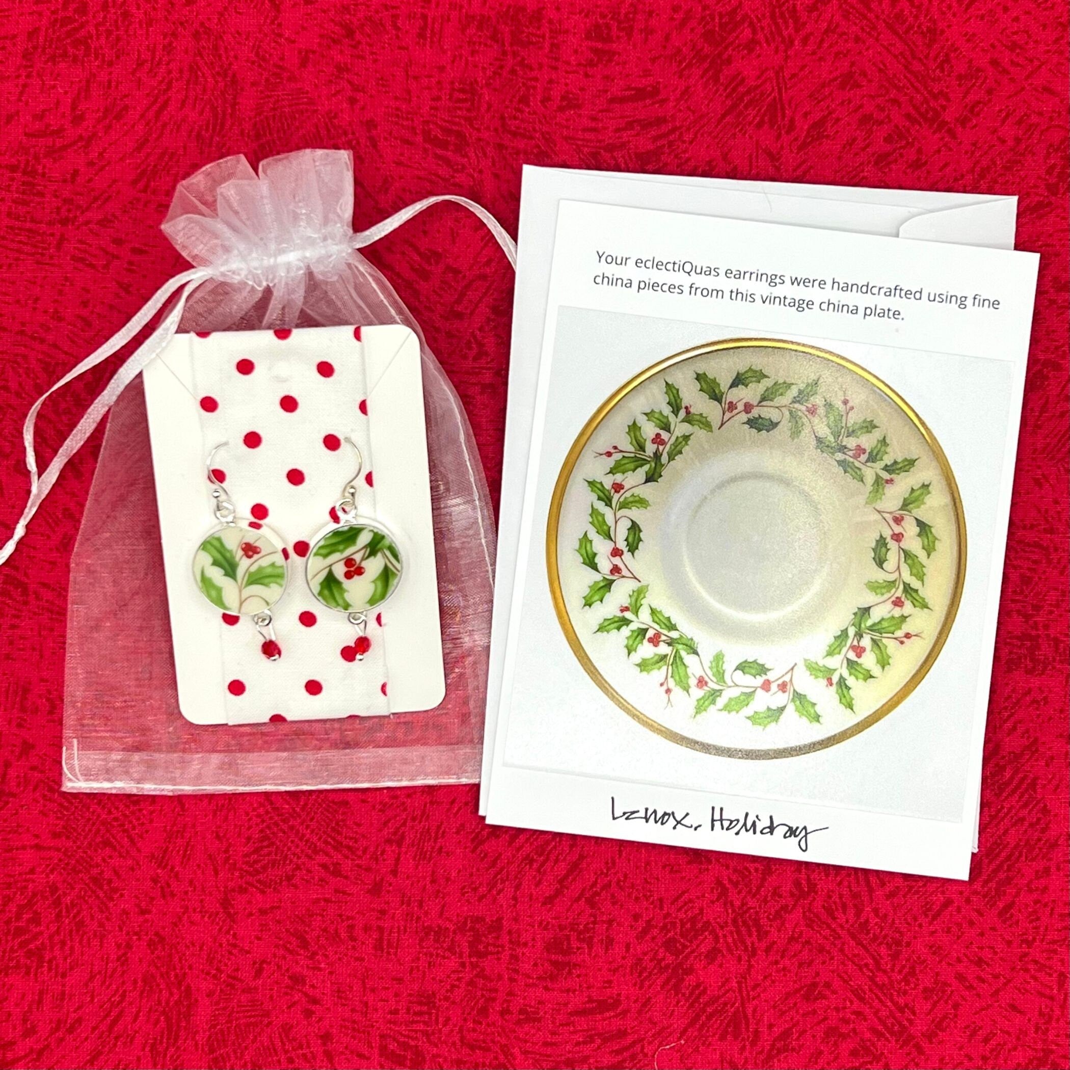 Vintage Holly Leaf Broken China Earrings Handmade with Mismatched Lenox Holiday China, Unique Broken China Jewelry Gift for Her Christmas