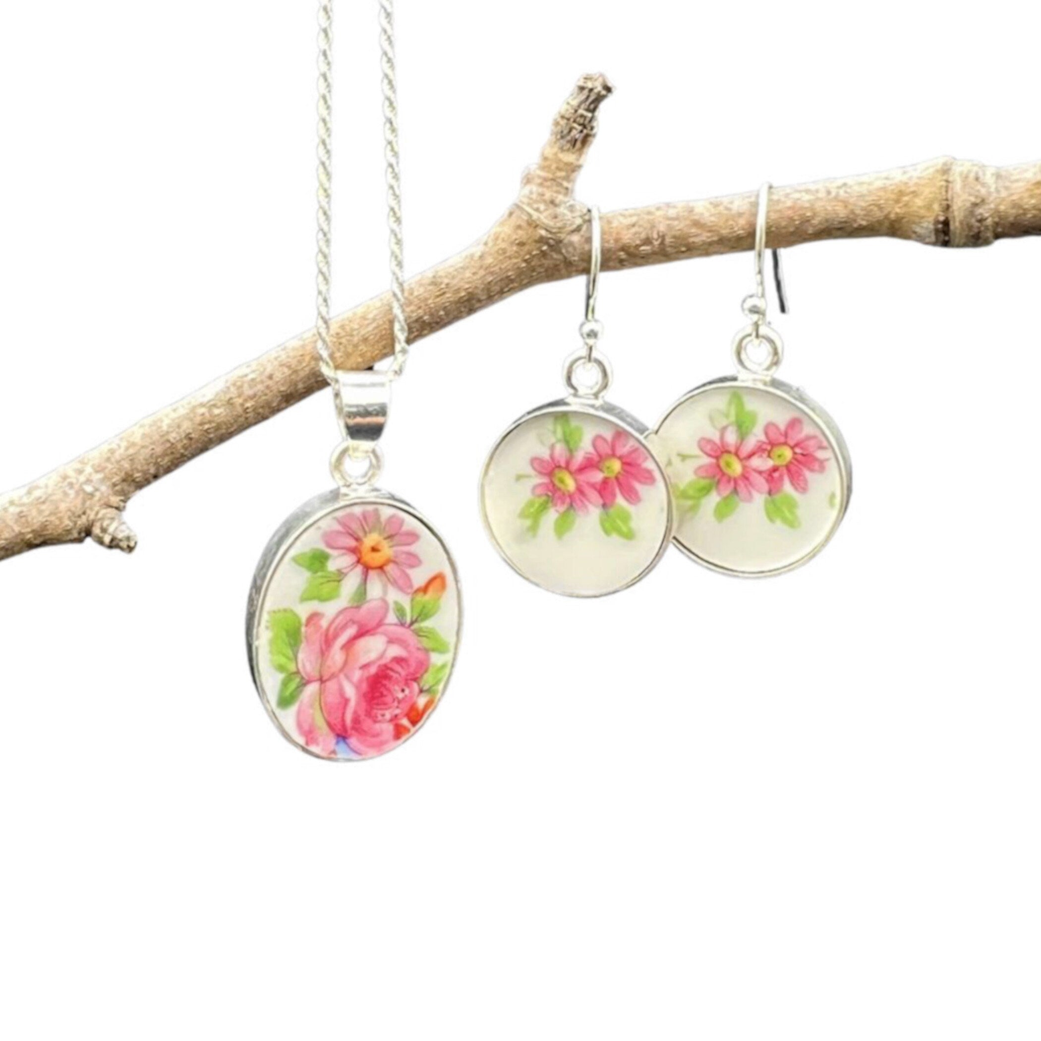 Vintage Broken China Jewelry Set handmade with Repurposed French Limoges Porcelain, Unique Rose Floral China Earring Necklace Gift for Women