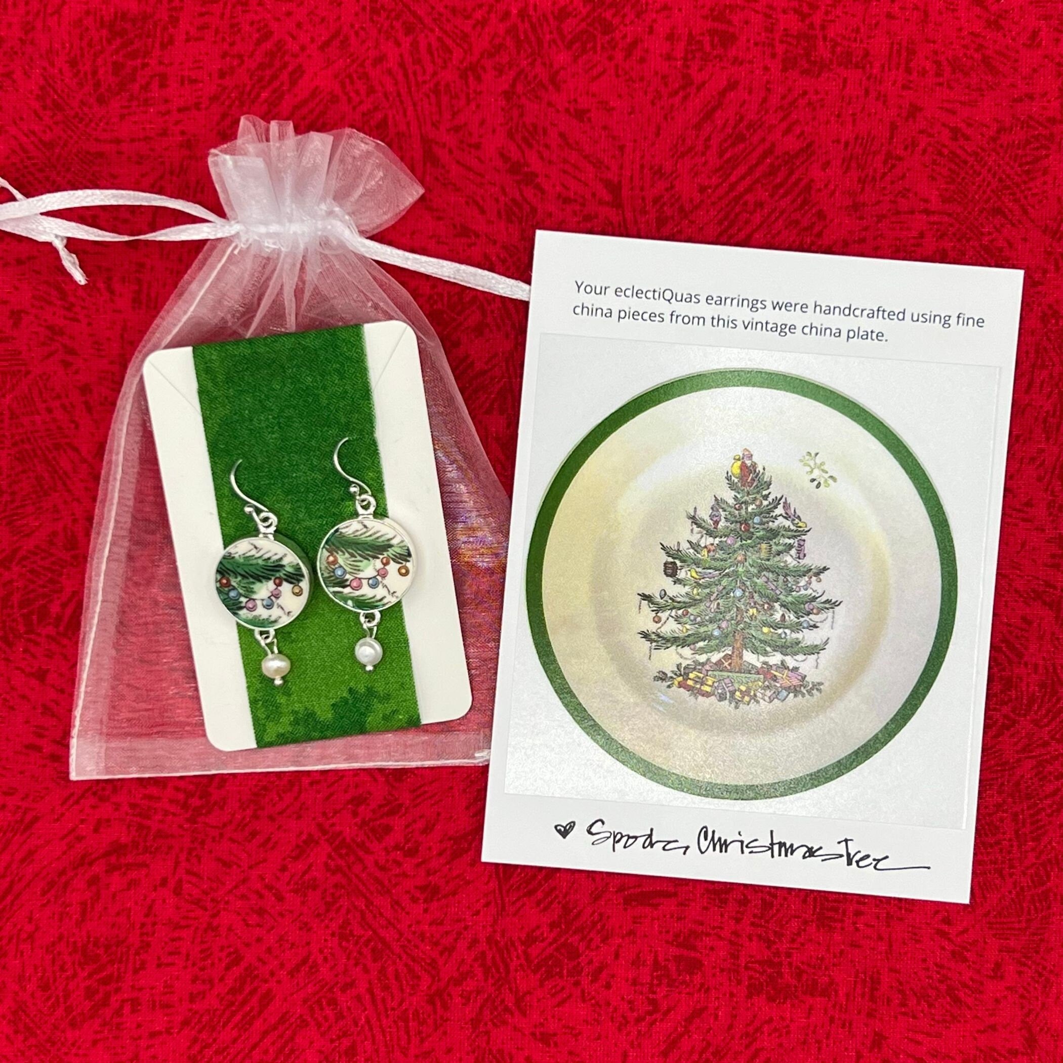 Broken China Earrings Handmade with Spode Christmas Tree China & Sterling Silver, Nostalgic Christmas China Jewelry Gift for Women