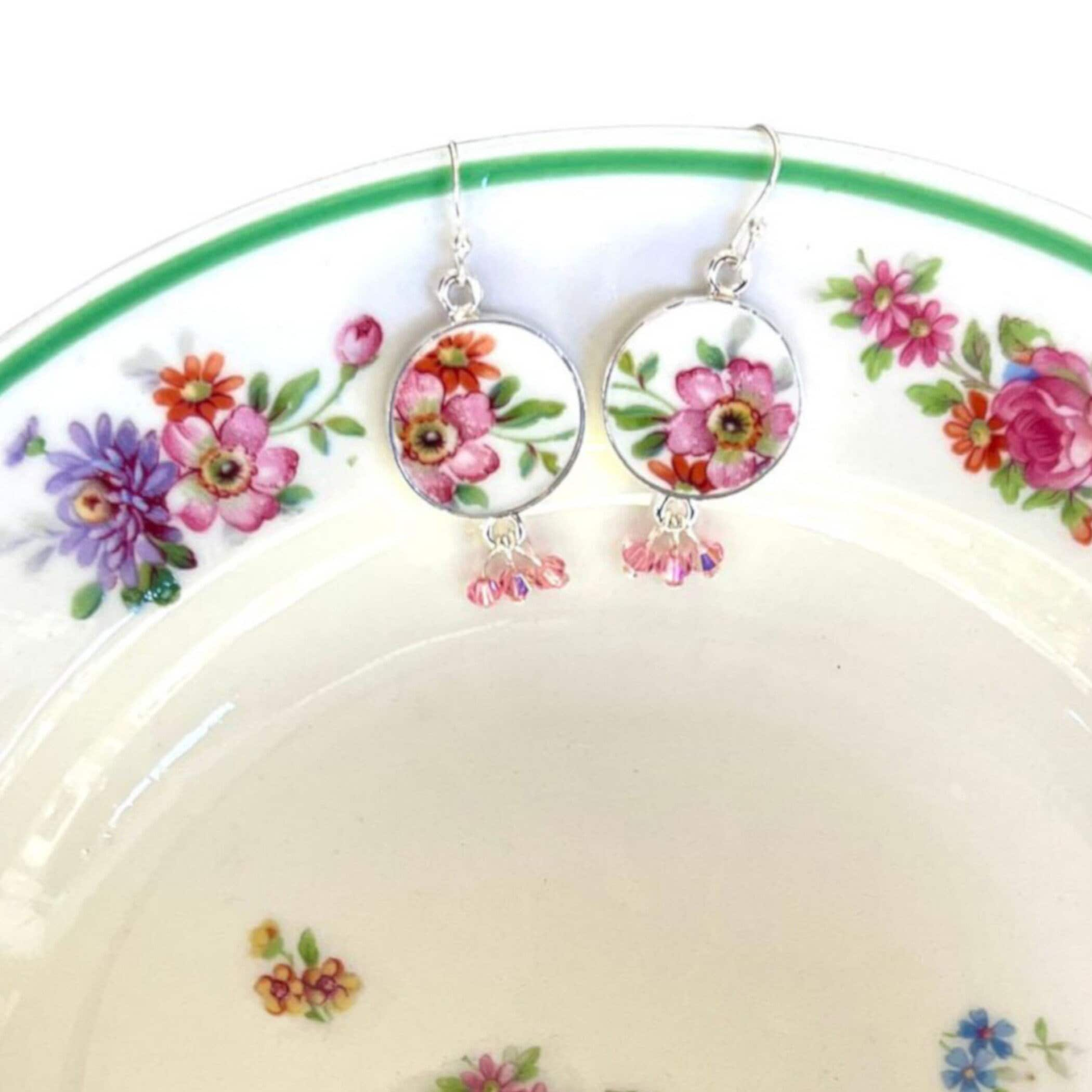 Upcycled French Limoges Porcelain Earrings with Mismatched Pink Botanical Flowers, One of a Kind Broken China Jewelry Gift for Her Birthday