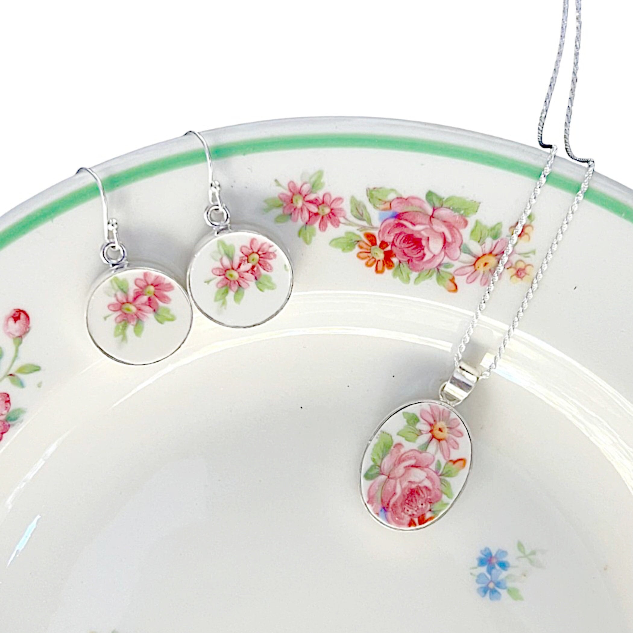 Vintage Broken China Jewelry Set handmade with Repurposed French Limoges Porcelain, Unique Rose Floral China Earring Necklace Gift for Women