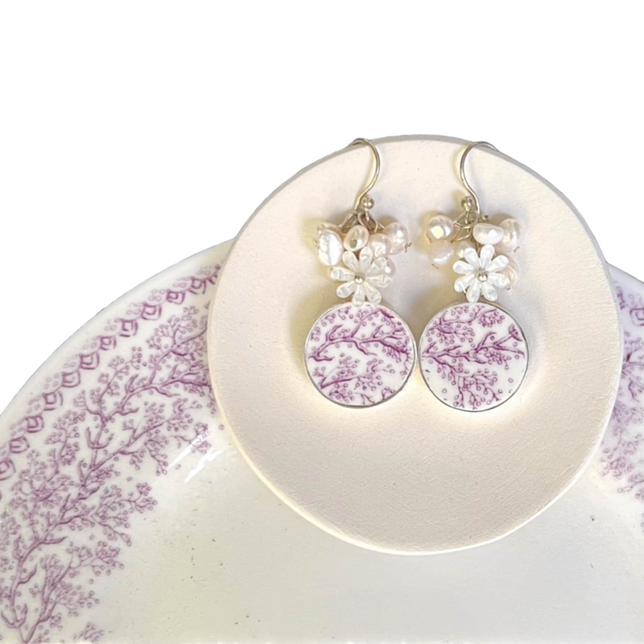 Dainty Purple Floral China Dangle Earrings handmade with Wedgwood China & Freshwater Pearl Clusters, Broken China Jewelry Gift for Women