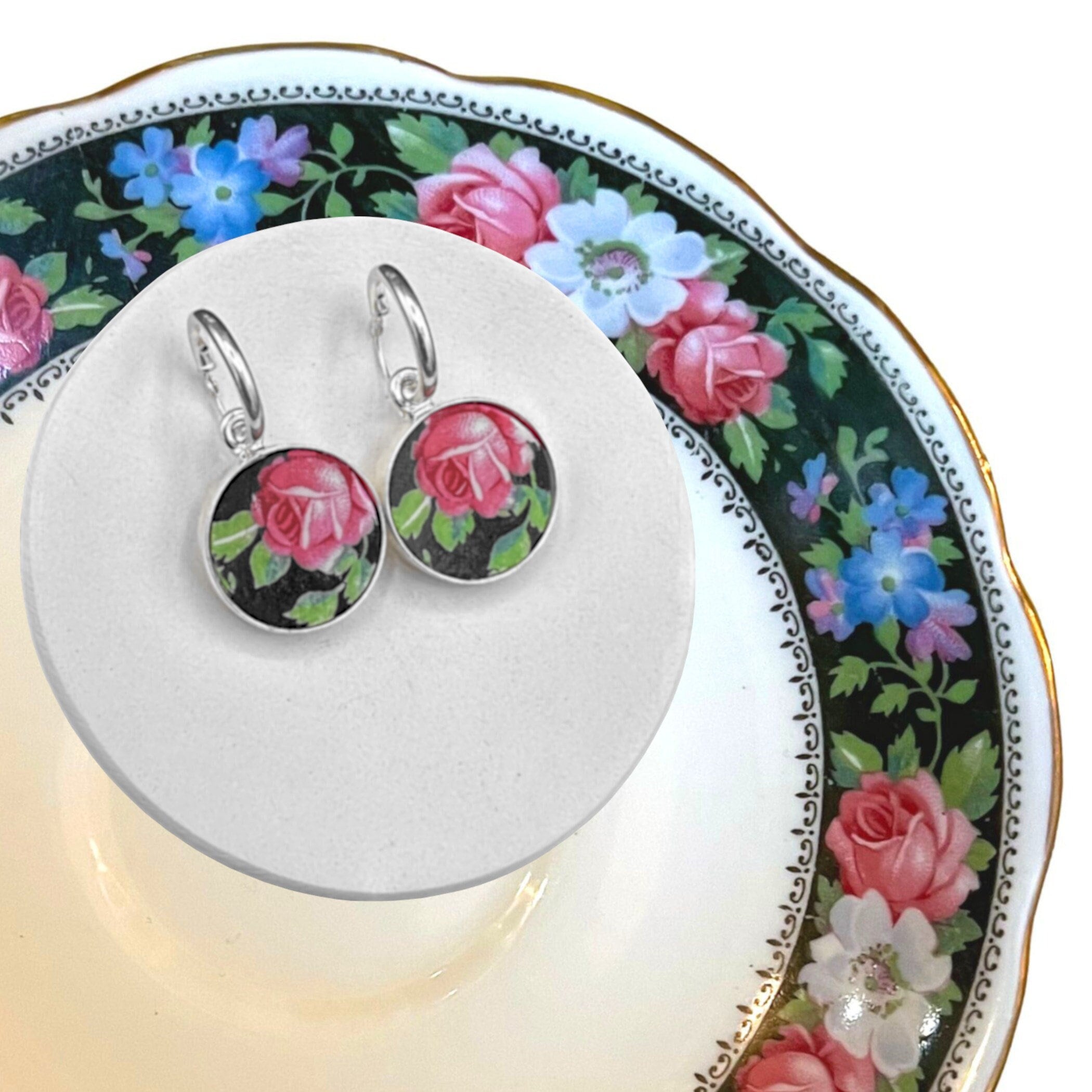 Dainty Rose Porcelain Hoop Earrings handmade with Upcycled Royal Albert China & Tiny Sterling Hoops, Broken China Jewelry Gift for Women