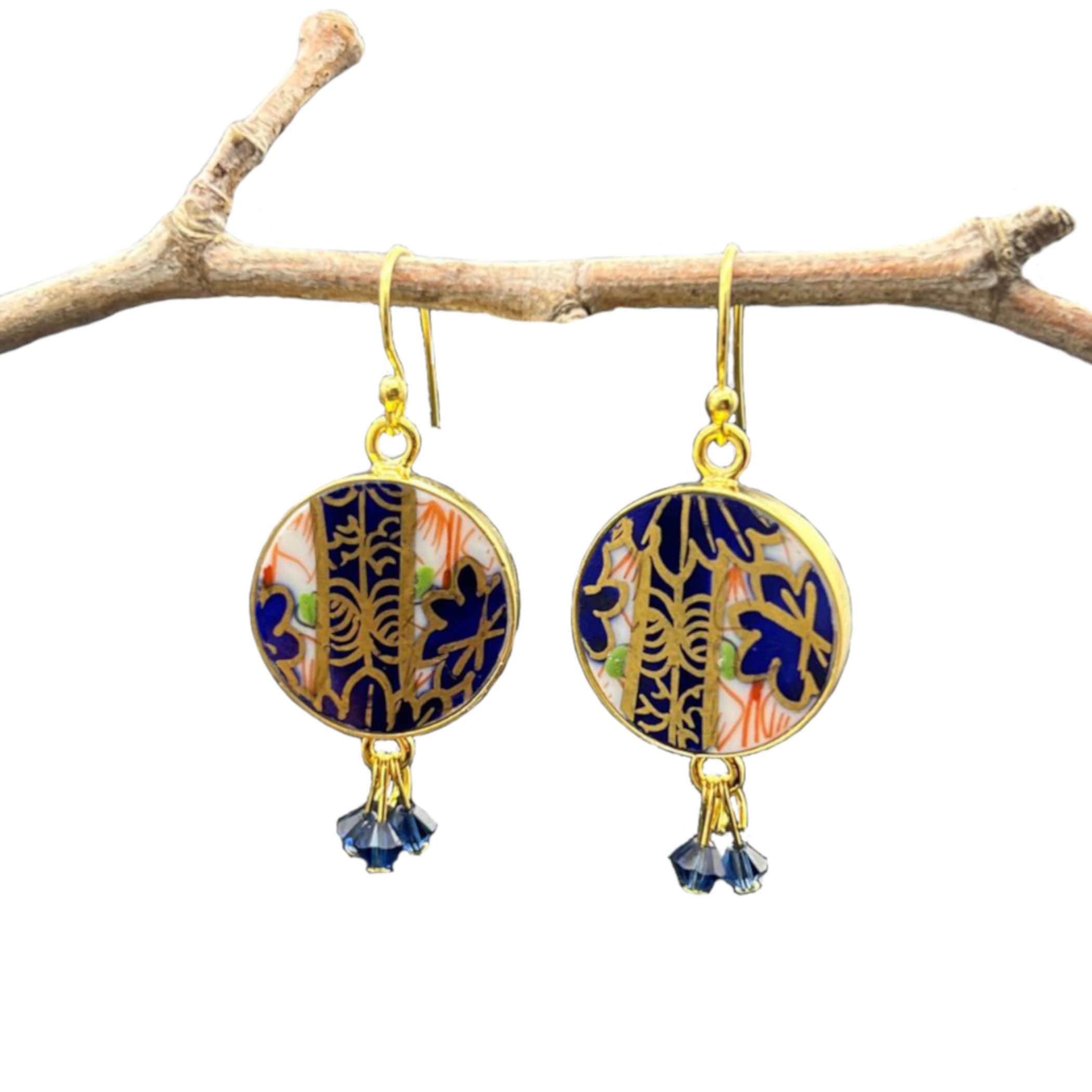 Vintage Dangly China Earrings handmade with Royal Crown Derby Imari Porcelain & Swarovski Dangles, Upcycled China Jewelry Gift for Women