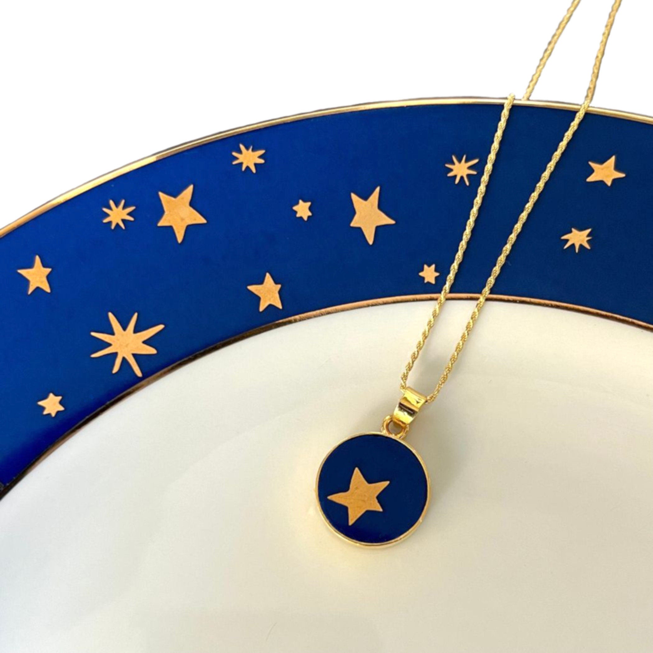 Tiny Navy Blue and Gold Star China Necklace handmade with Upcycled Porcelain, Vintage Broken China Jewelry Congratulations Grad Gift for Her