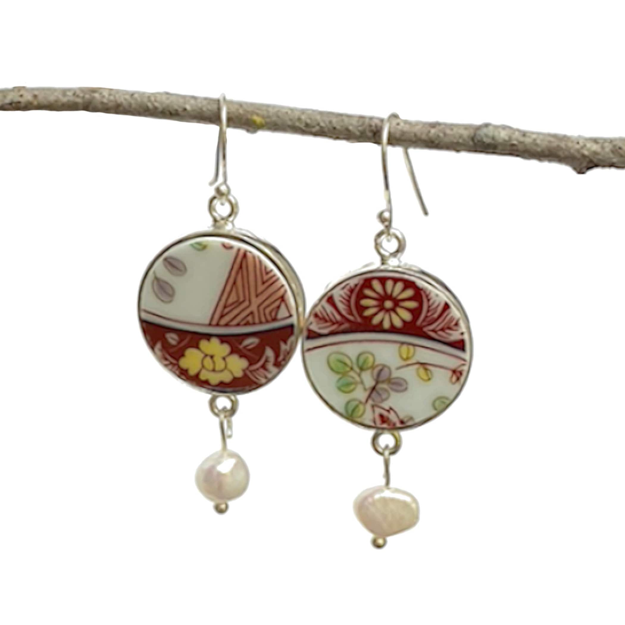 Red Flower Dangly Porcelain Earrings handmade with Mismatched Upcycled Porcelain, Unique Japanese Imari China Jewelry Gift for Her Birthday