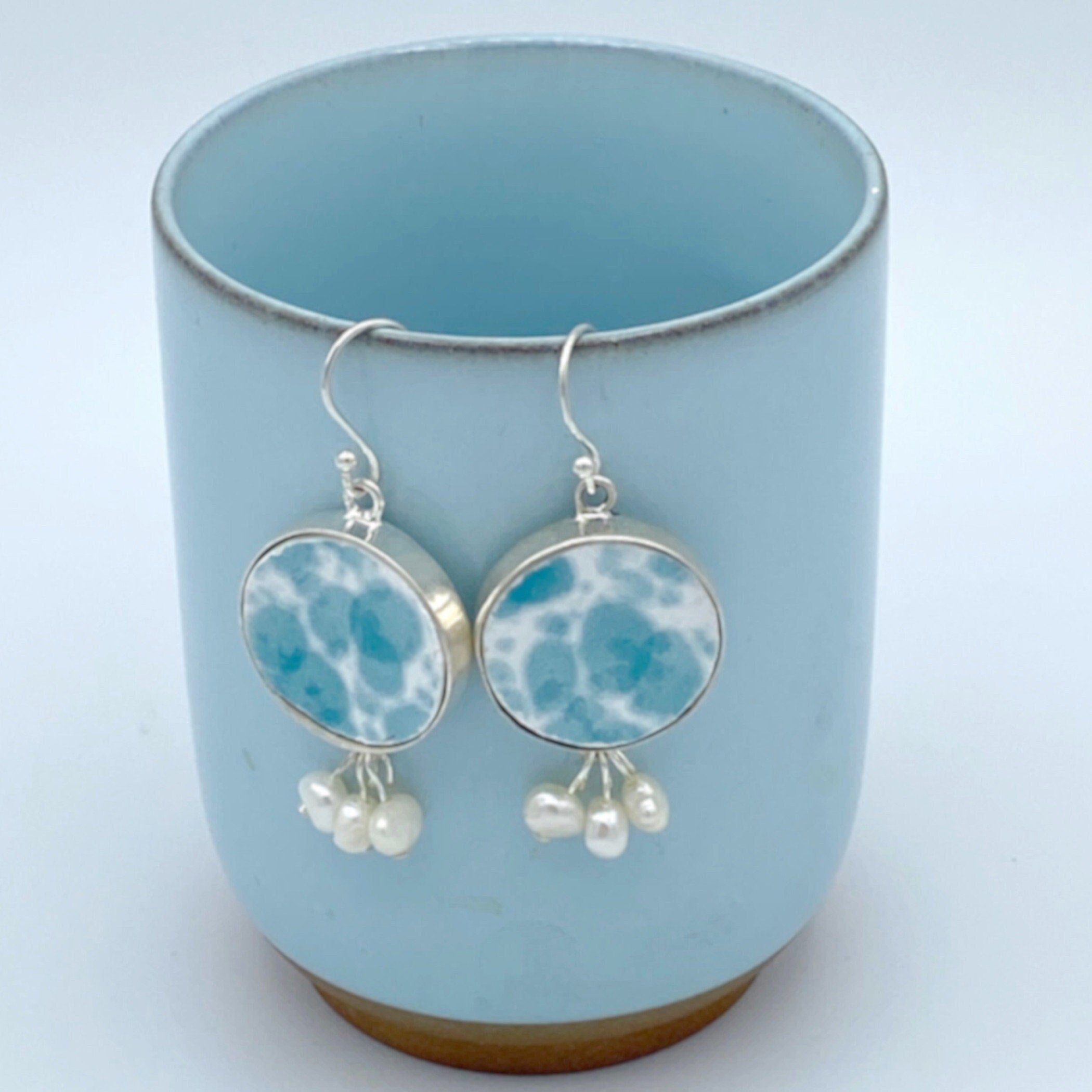 Upcycled China Dangle Earring Gift Handmade with Repurposed Anthropologie Plate, Sterling Silver and Tiny Pearl Clusters