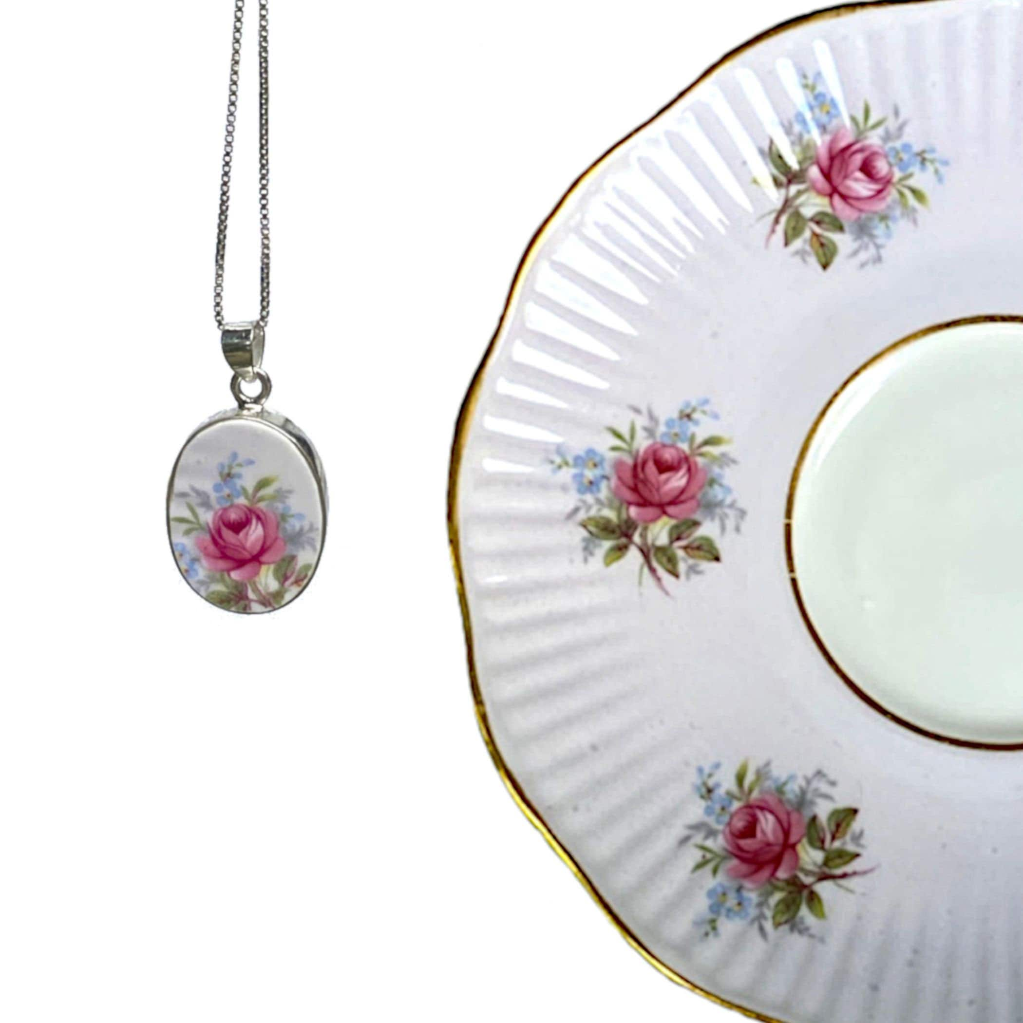 Forget Me Not Flower & Rose China Necklace with Upcycled Porcelain Oval Pendant, Romantic Rose Floral Broken China Jewelry Gift for Women