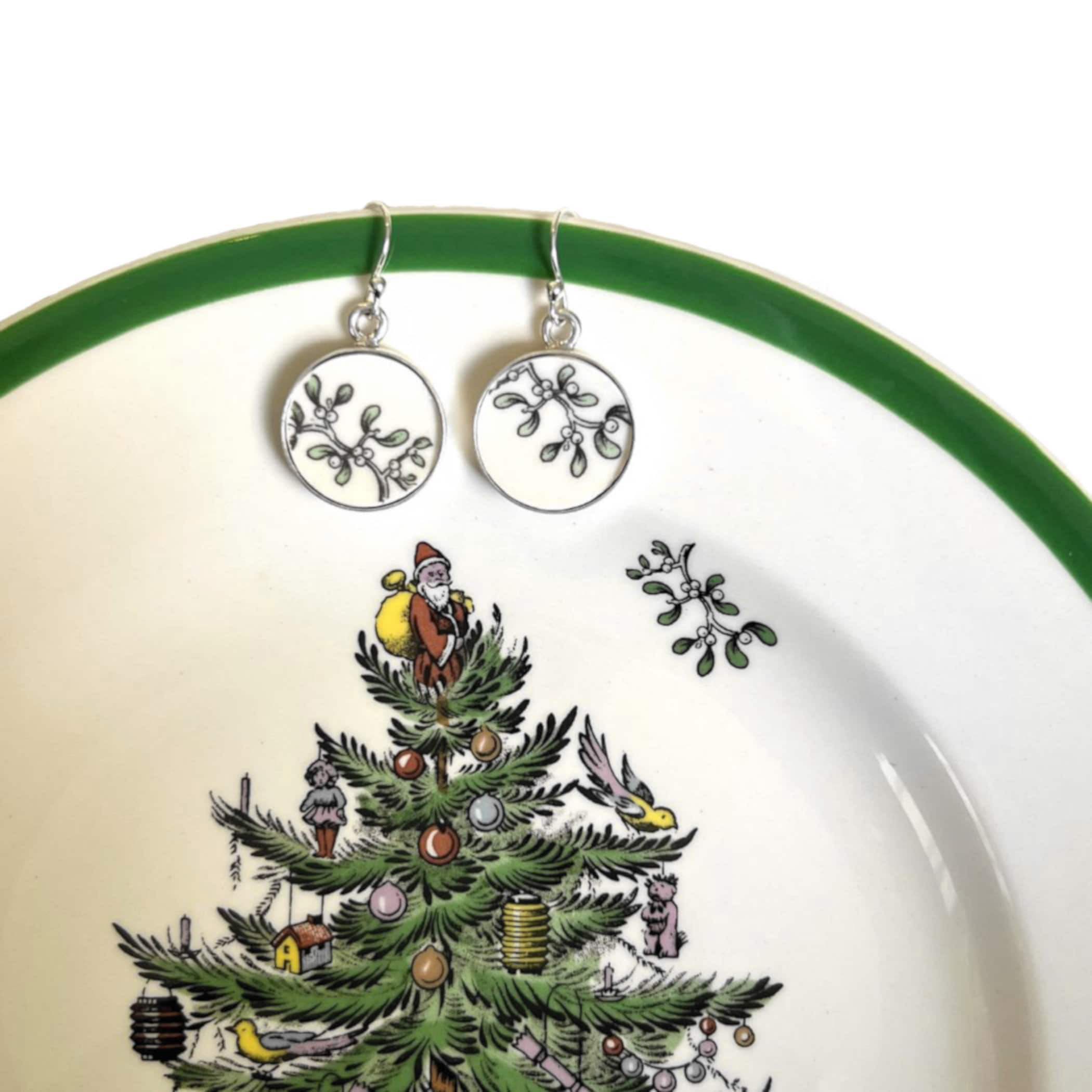 Mistletoe Earrings handmade with Upcycled Spode Christmas Tree China & Sterling Silver, Broken China Jewelry Gift for Her Holiday Nostalgia