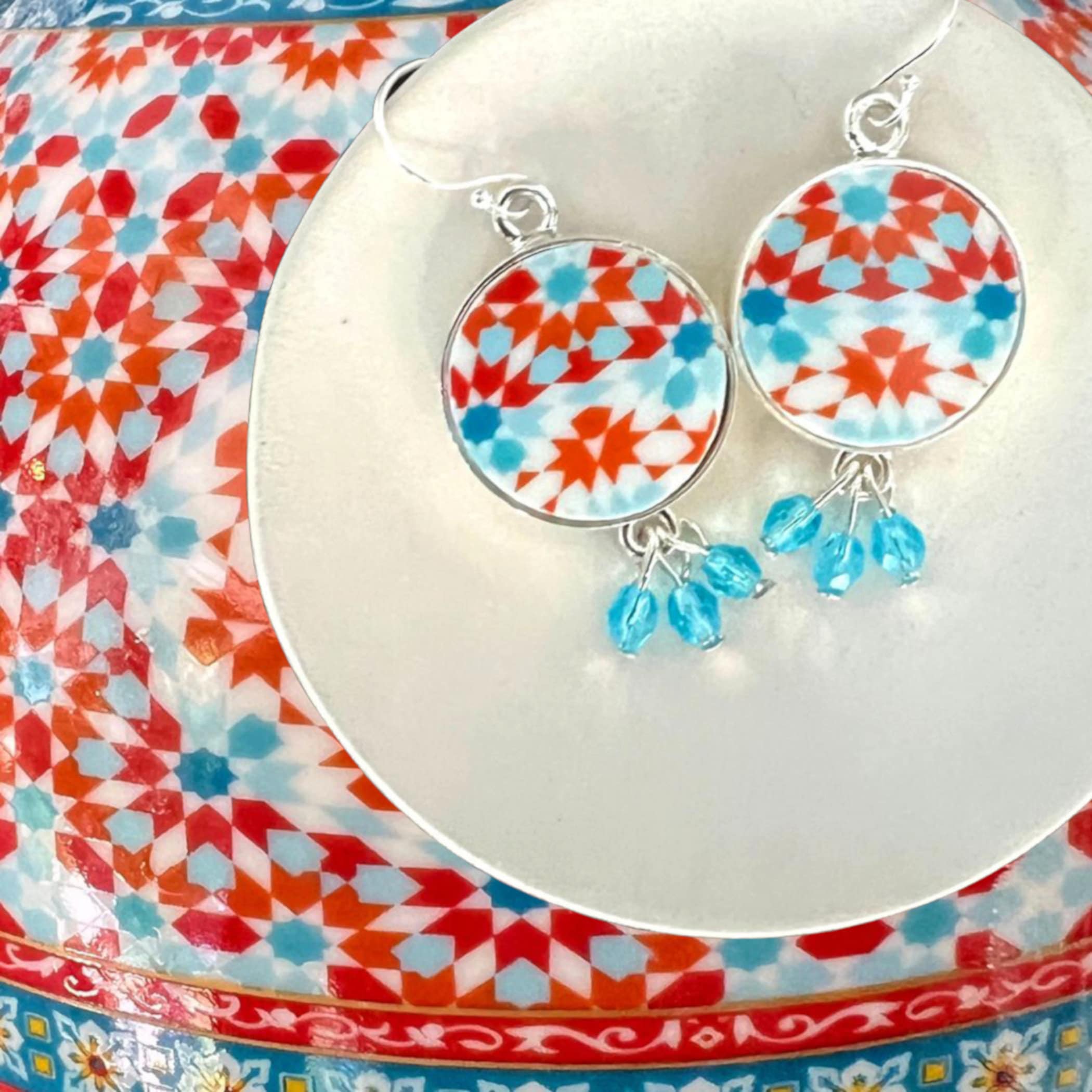 Upcycled Porcelain Dangly Earrings inspired by Moroccan Tiles, Handmade Mediterranean Jewelry with Bright Summer Colors for Her Birthday