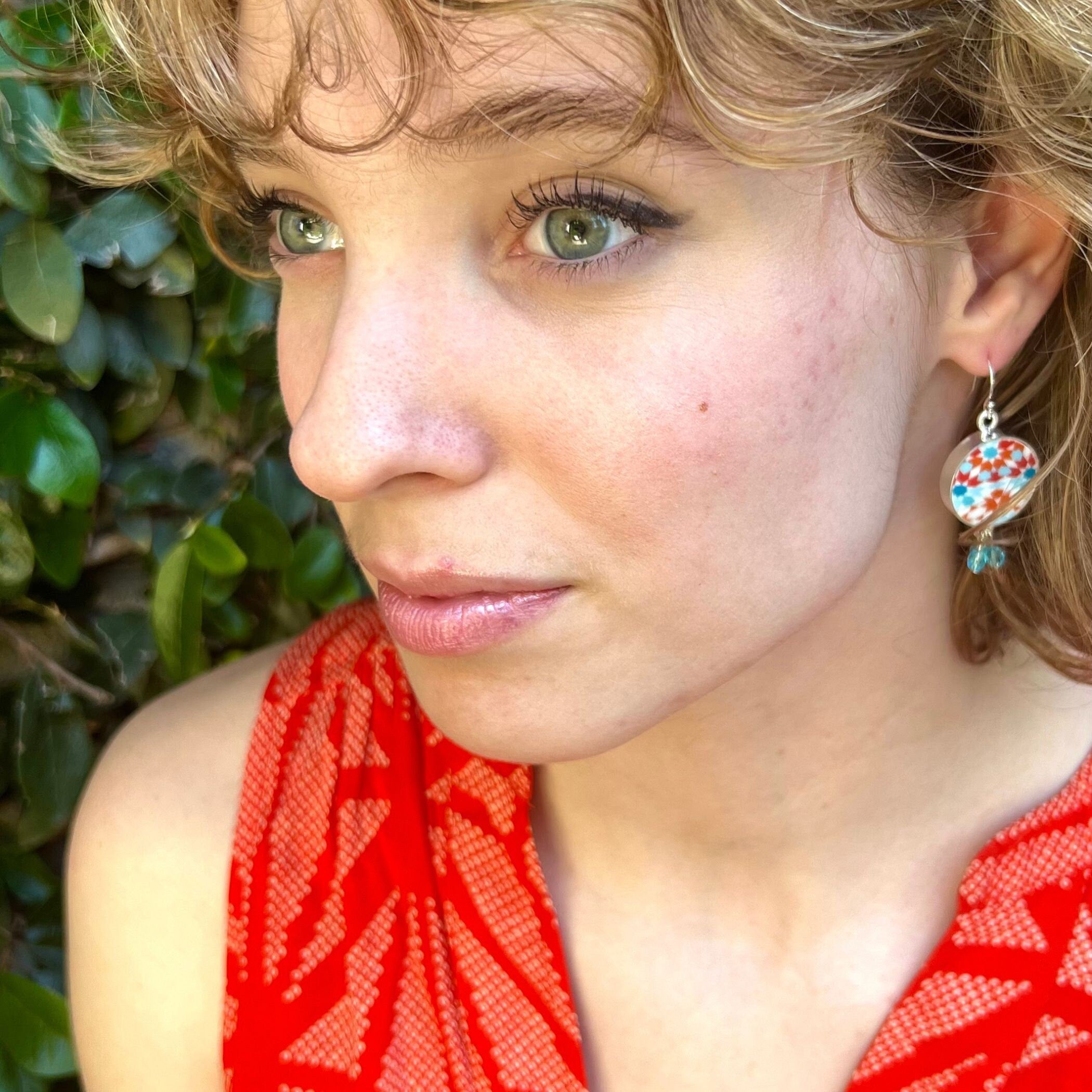 Upcycled Porcelain Dangly Earrings inspired by Moroccan Tiles, Handmade Mediterranean Jewelry with Bright Summer Colors for Her Birthday