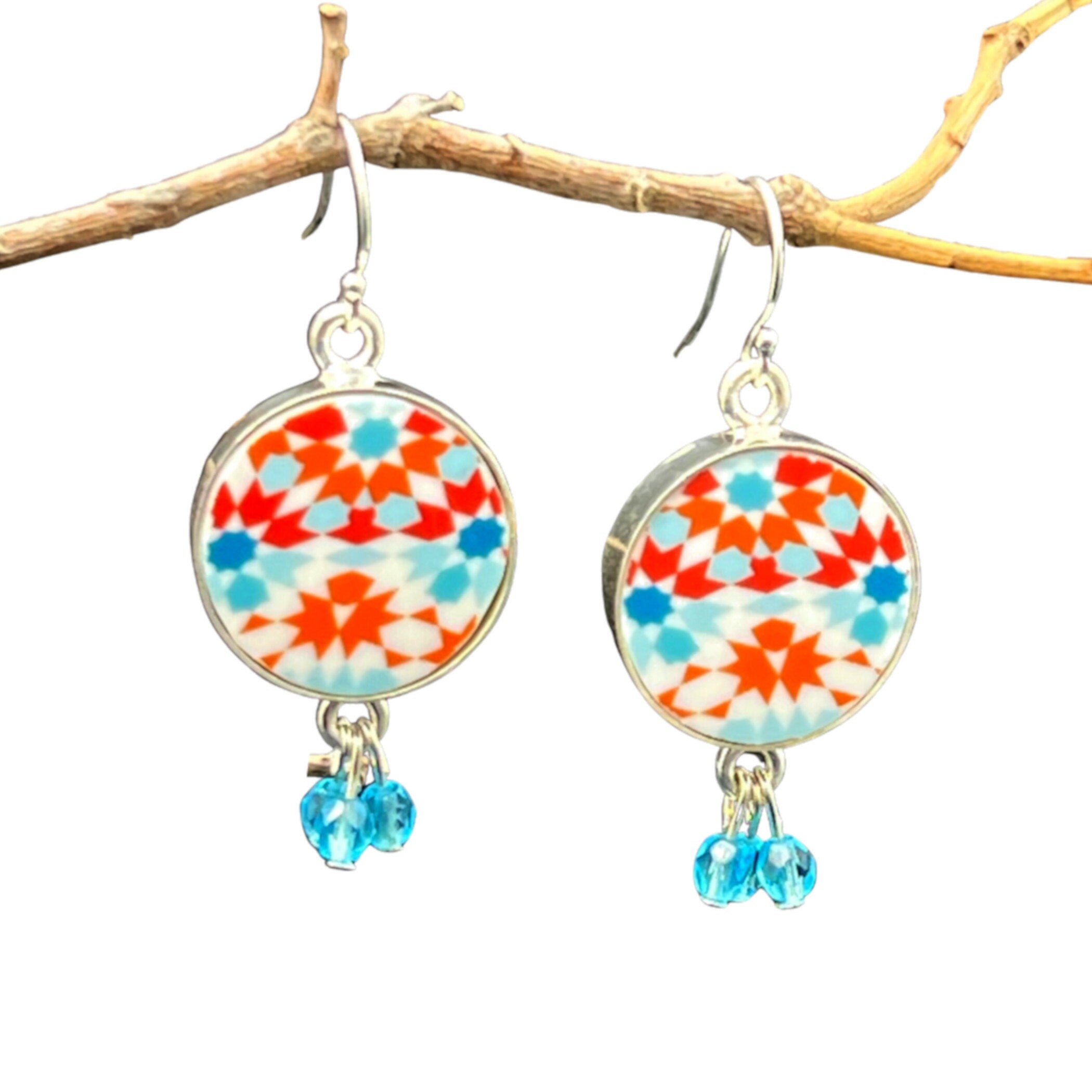 Upcycled Porcelain Dangly Earrings inspired by Moroccan Tiles, Handmade Mediterranean Jewelry with Bright Summer Colors for Her Birthday