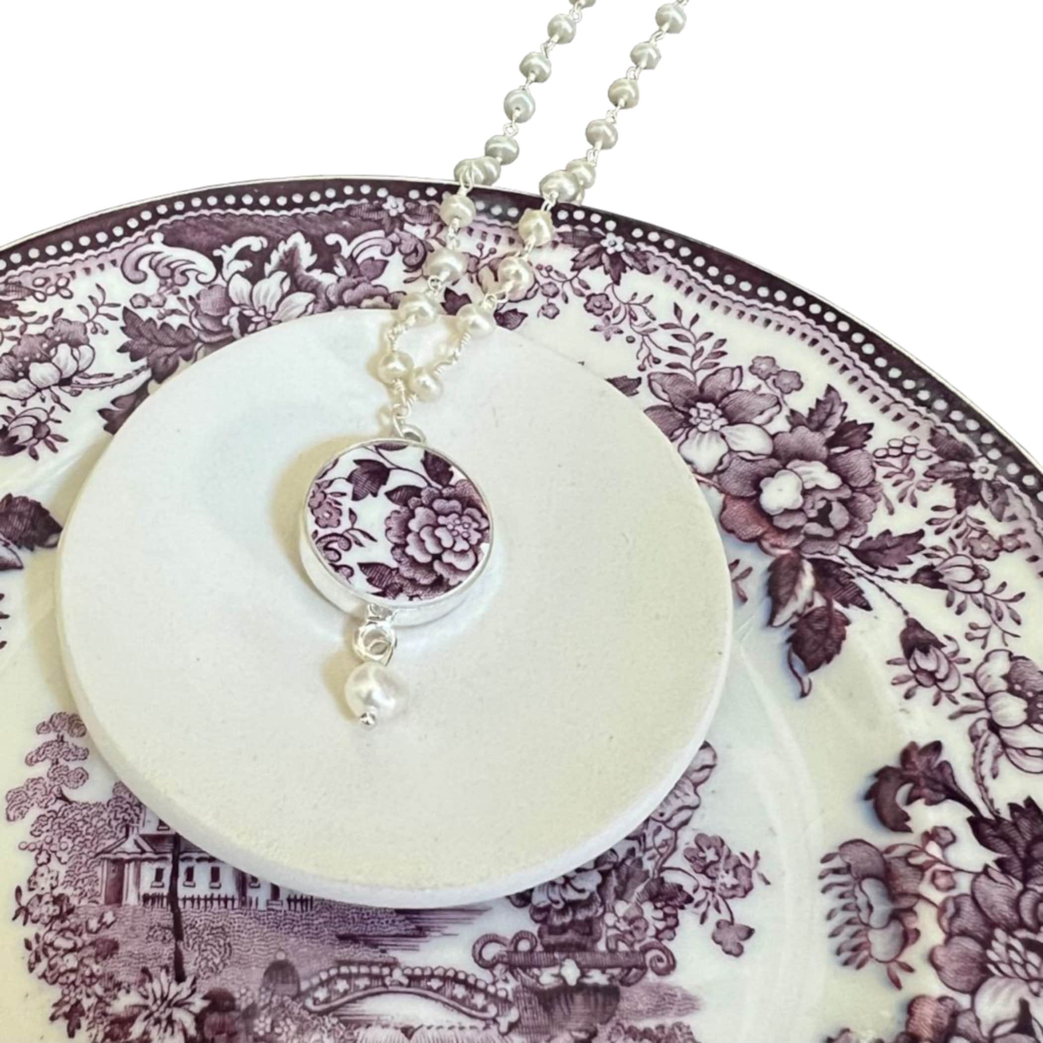 Purple Transferware Broken China Jewelry Necklace handmade with Upcycled China, Vintage English Rose Porcelain Pendant with Tiny Pearl Chain