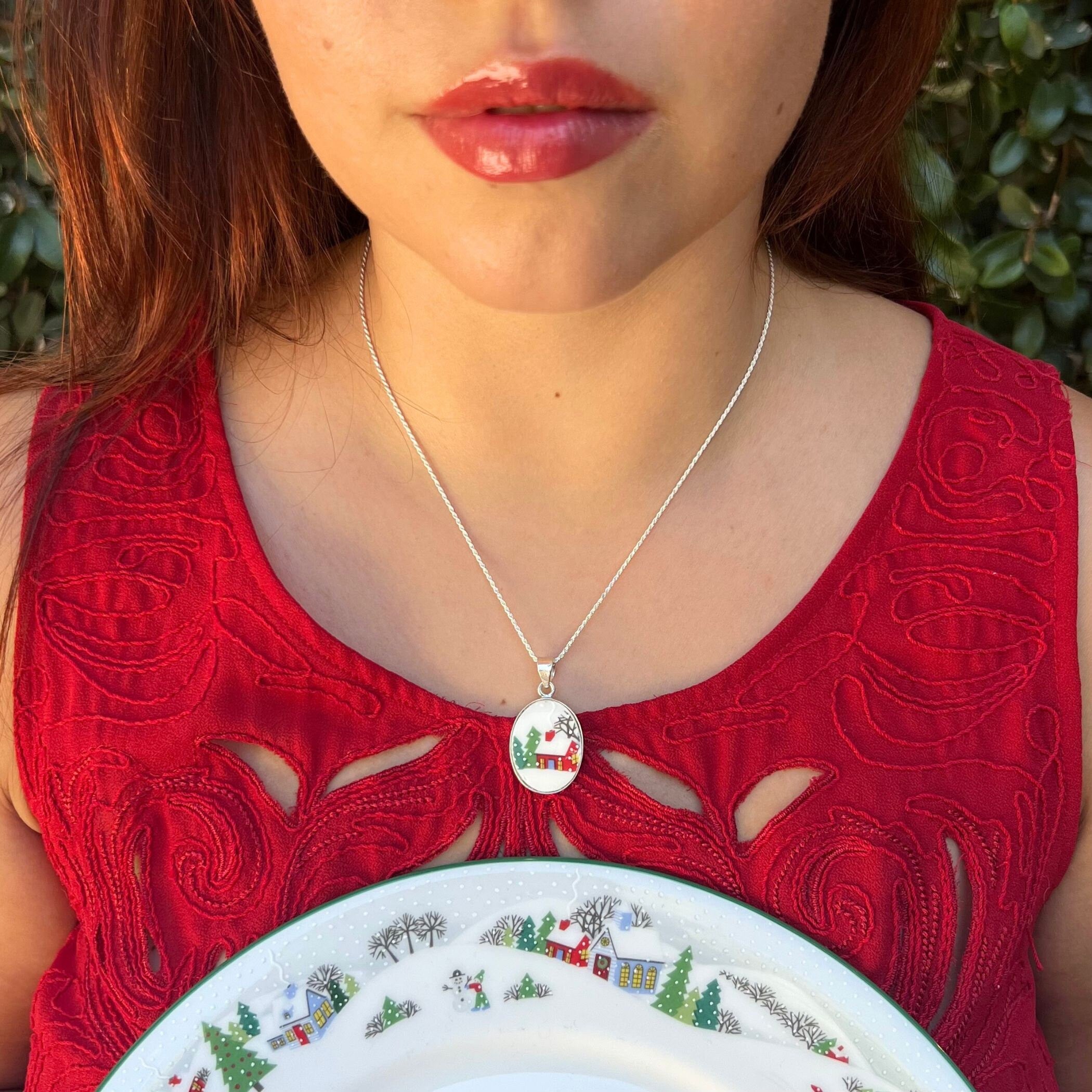 Christmas Broken China Jewelry Necklaces handmade with Upcycled Lenox Sleighride China, Unique Lenox Holiday China Pendant Gifts for Women