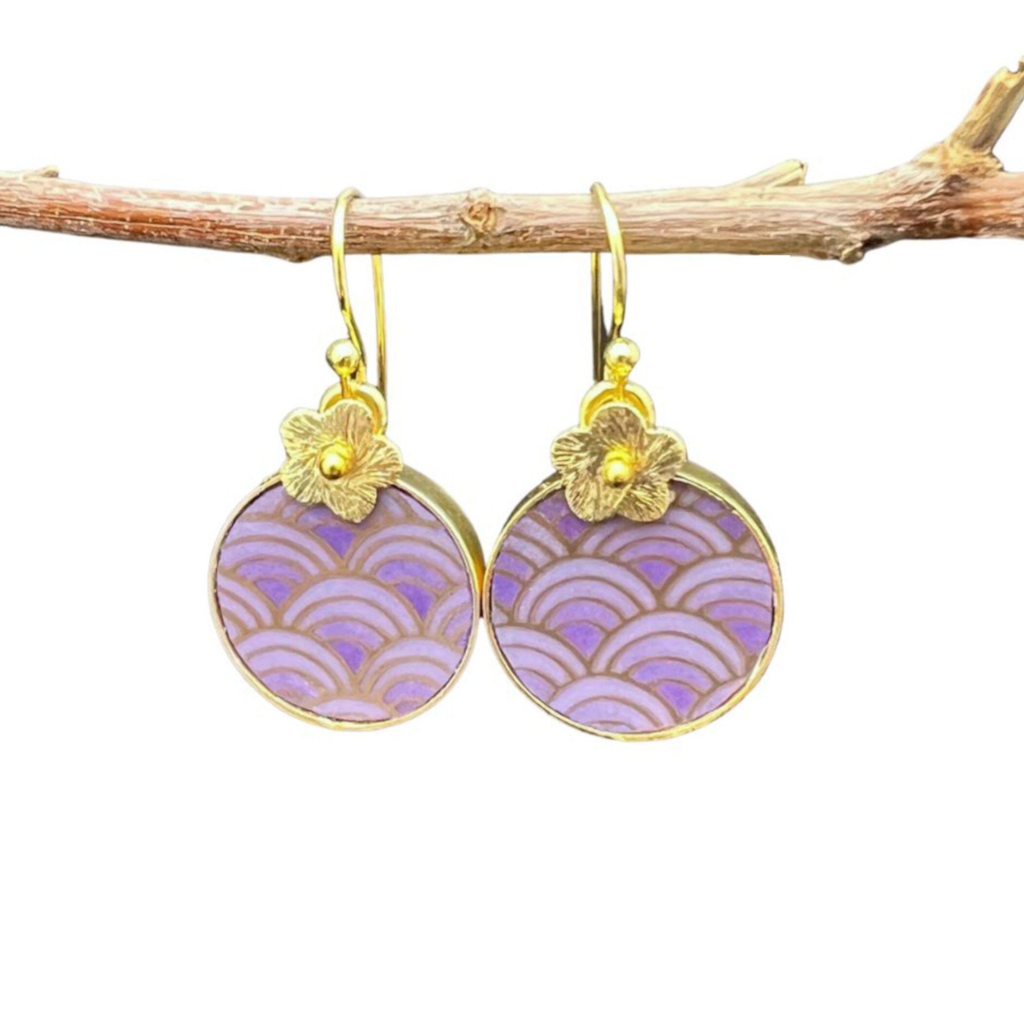 Upcycled Purple Gold Geometric China Earrings handmade with Imari Porcelain & Tiny Gold Flowers, Unique Seikaiha Japanese Porcelain Jewelry